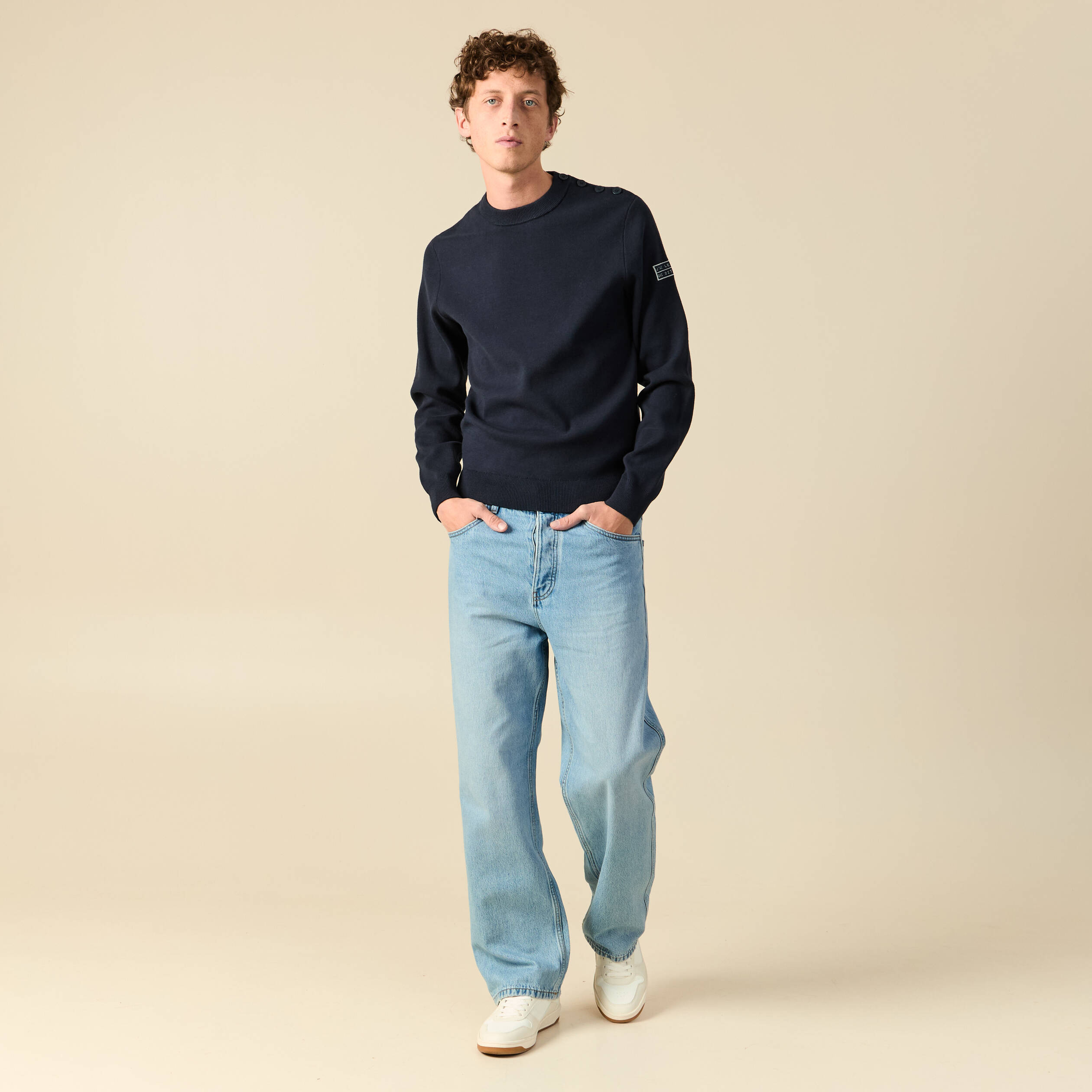 Pull fin manches longues col rond bleu marine homme