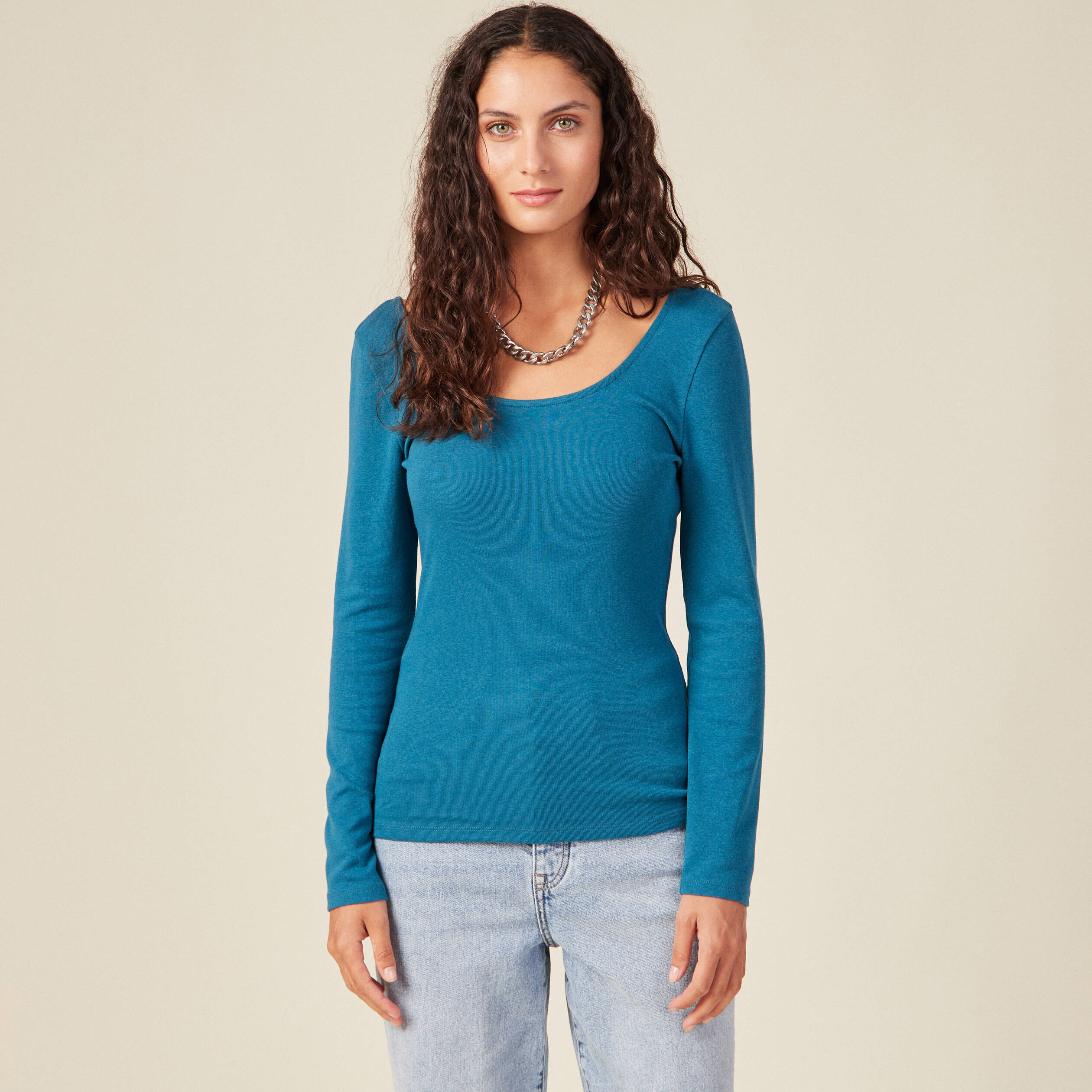 T-shirt manches longues bleu pétrole femme