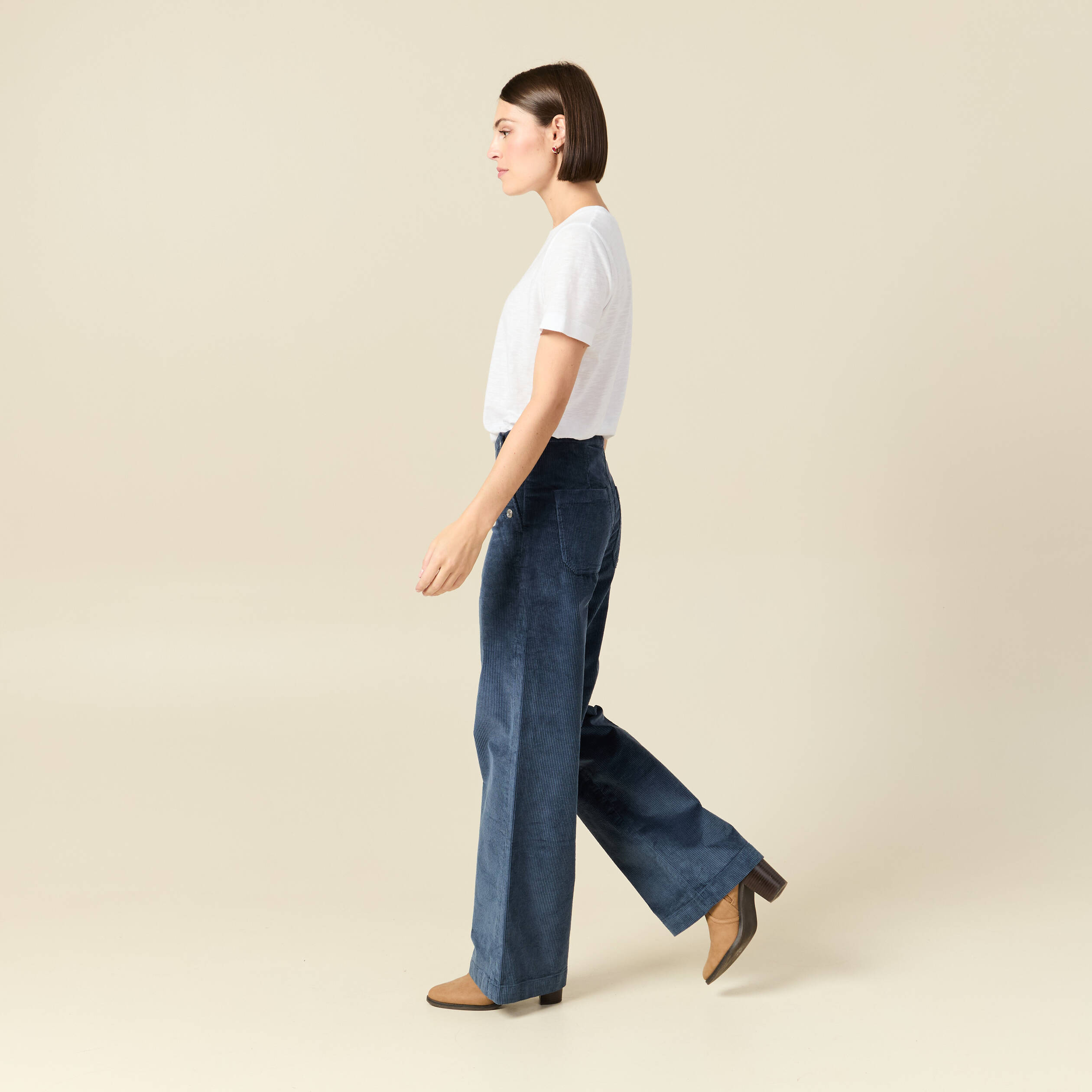 Pantalon large taille haute en velours gris femme