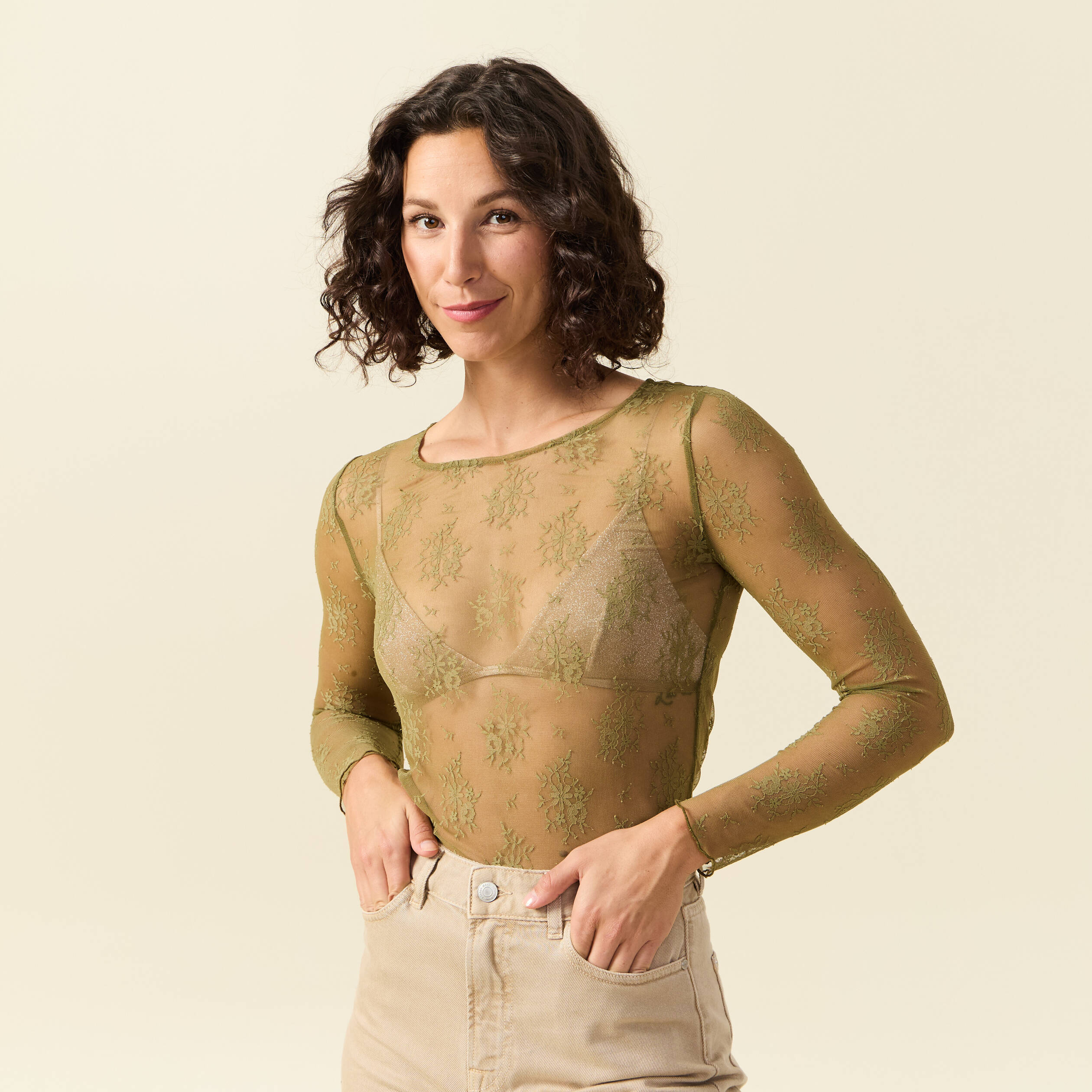 T-shirt ajust&eacute; manches longues col rond vert kaki femme
