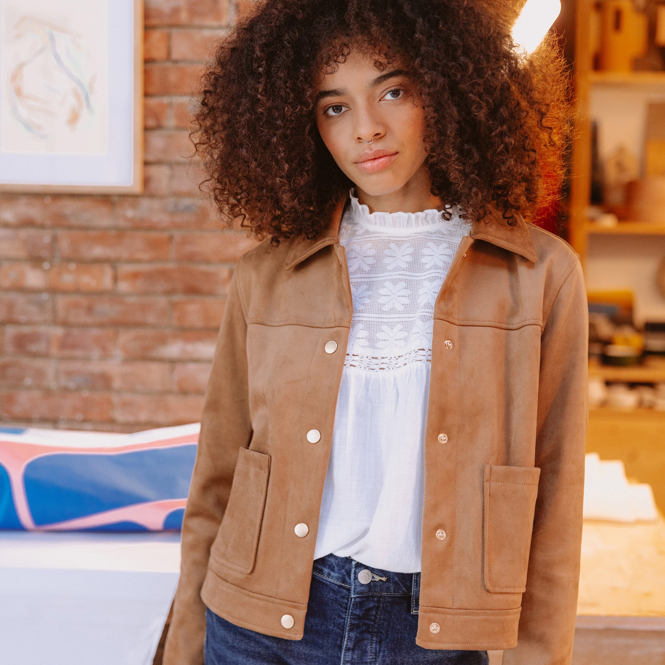 Blouson manches longues col classique marron femme