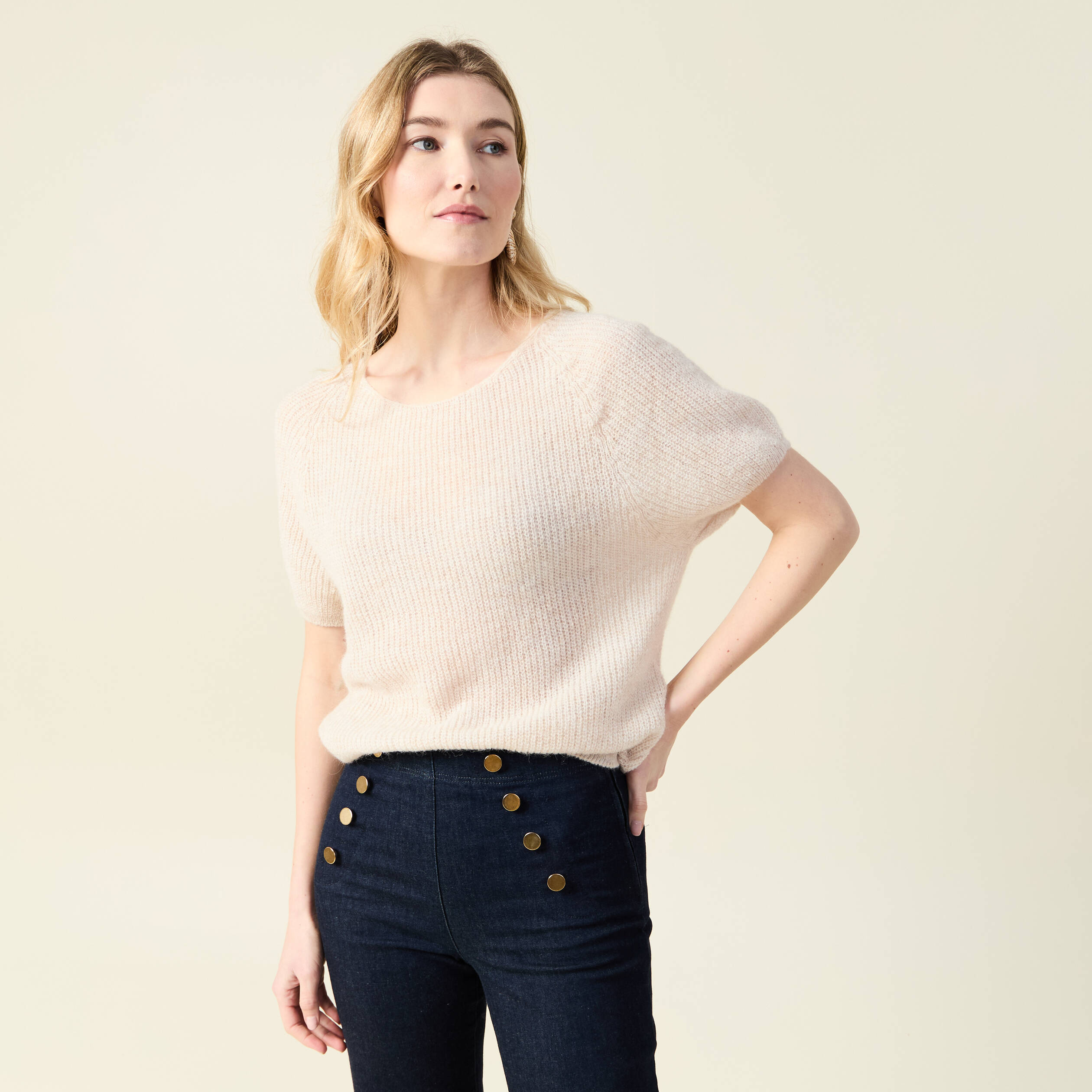 Pull manches courtes fabriqu&eacute; en France creme femme