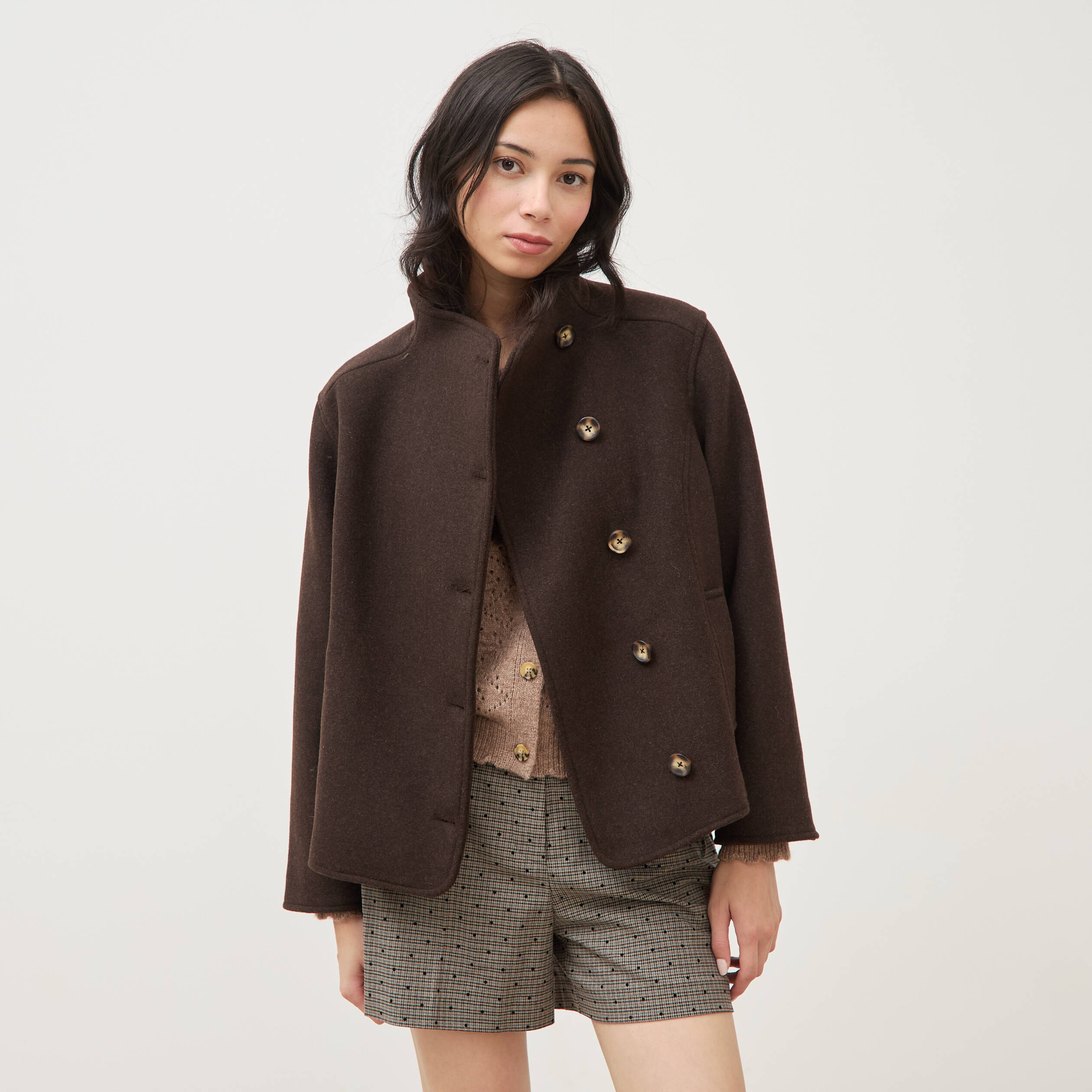 Veste oversize courte col tailleur marron fonc&eacute; femme