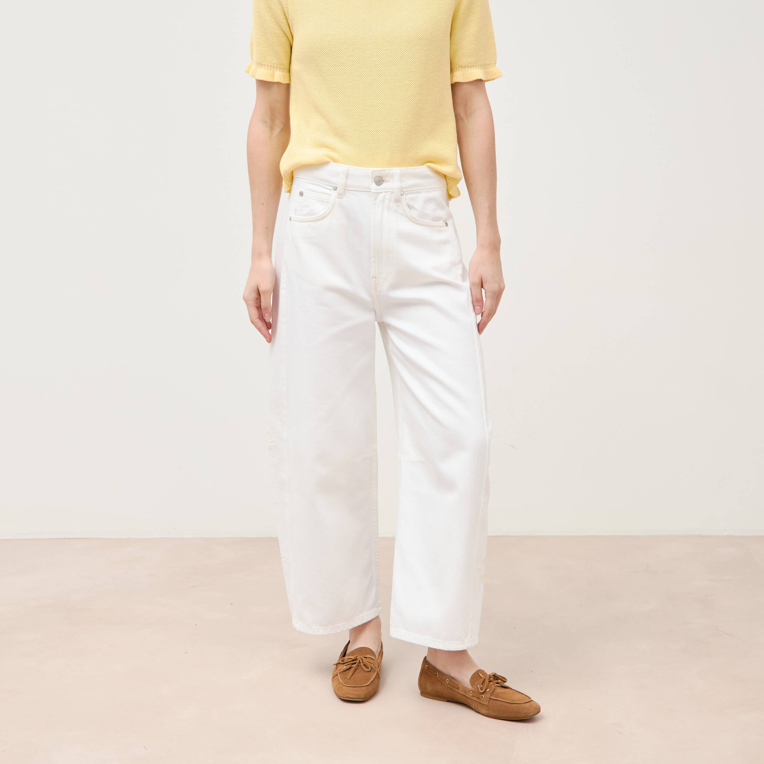 Jeans barrel taille haute 7/8&egrave;me denim blanc femme