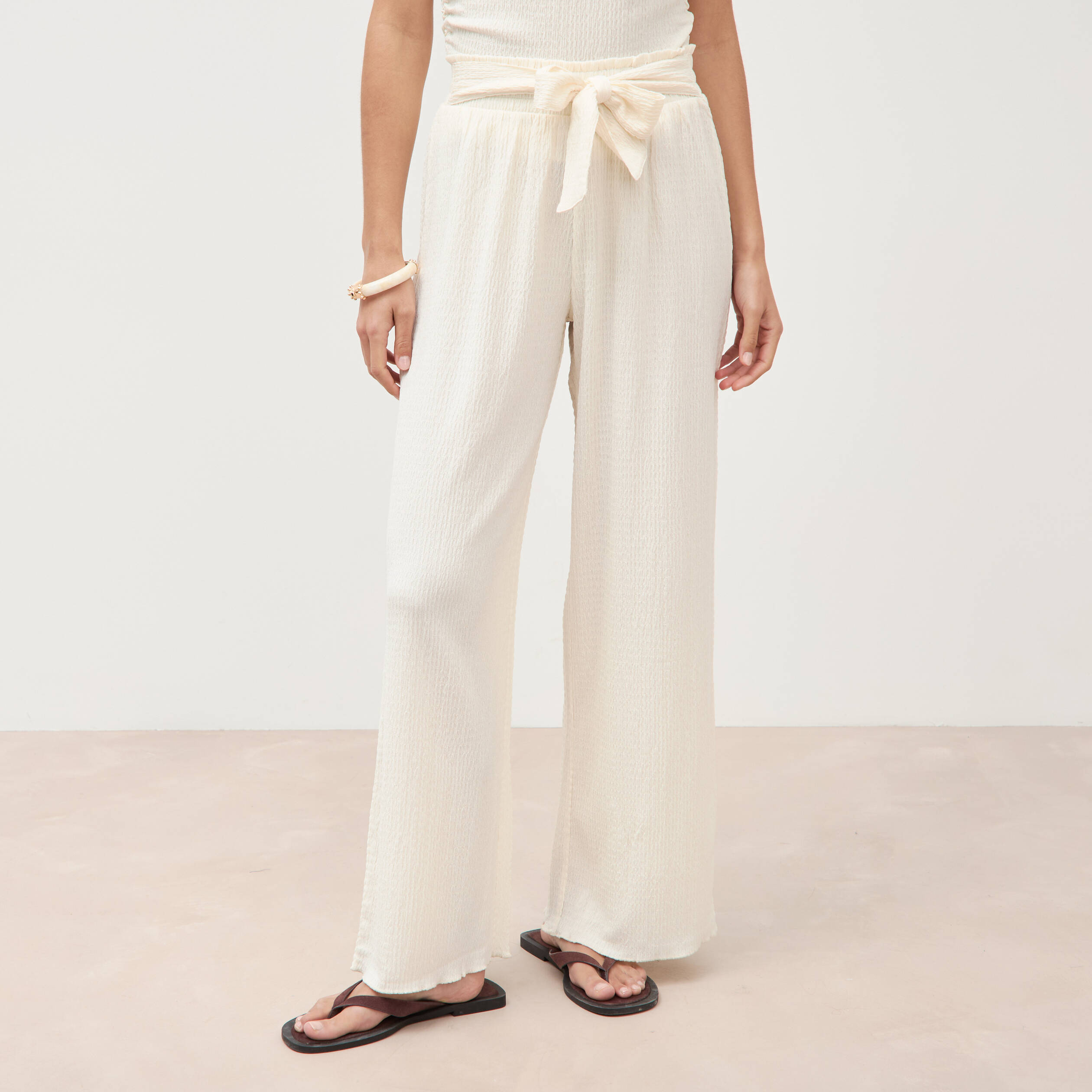 Pantalon loose avec ceinture creme femme