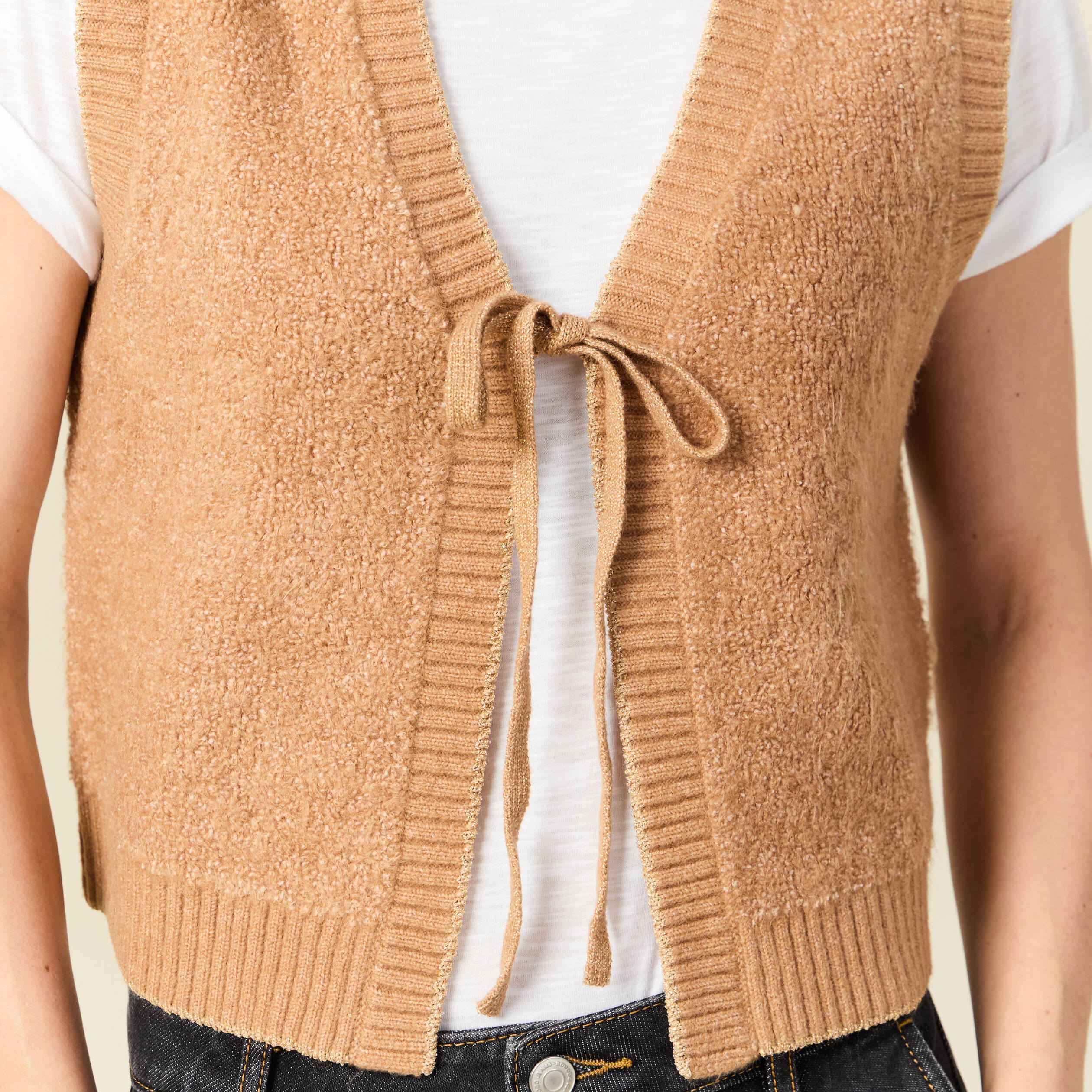 Gilet sherpa droit sans manches beige femme