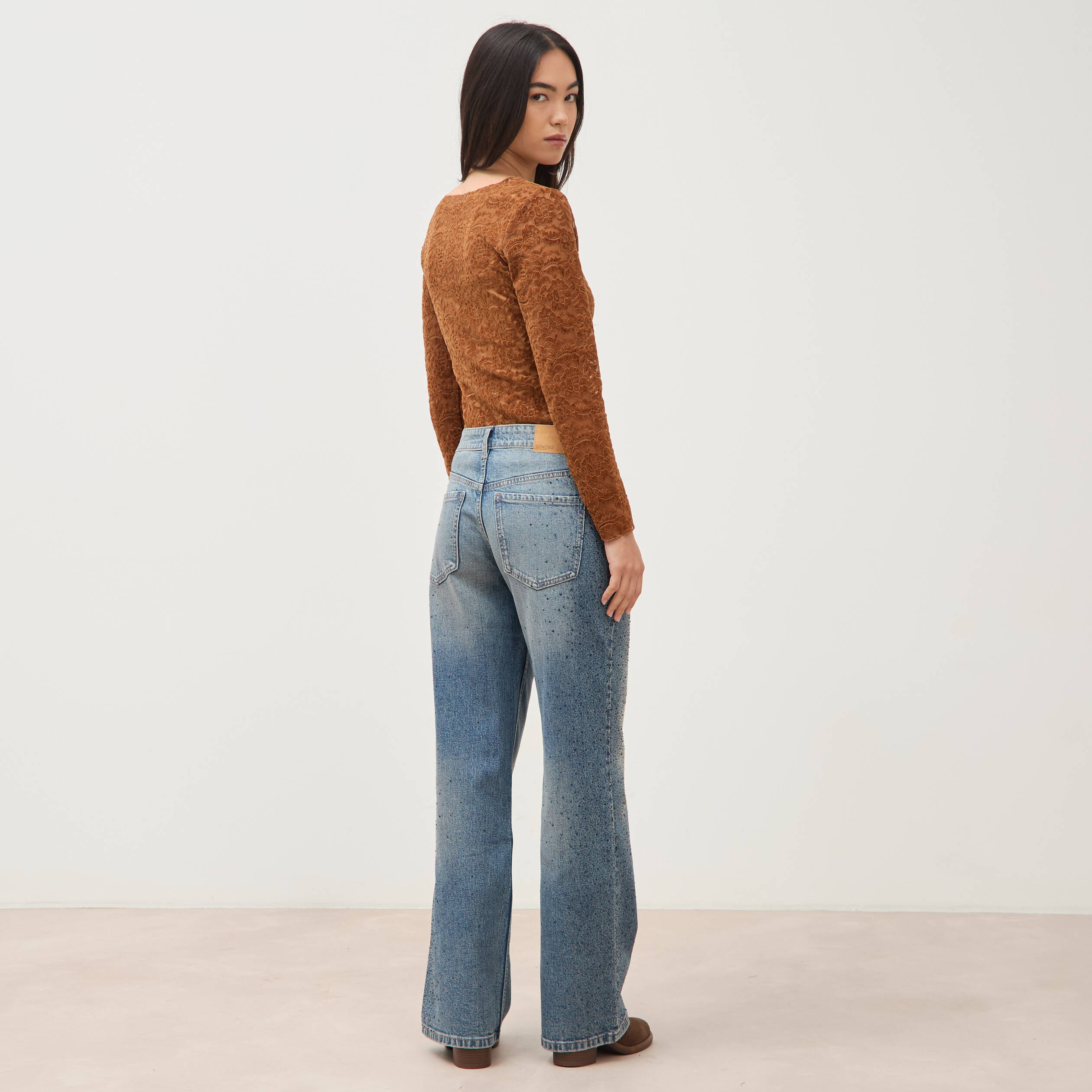 Jeans wide leg strass taille standard bleu femme