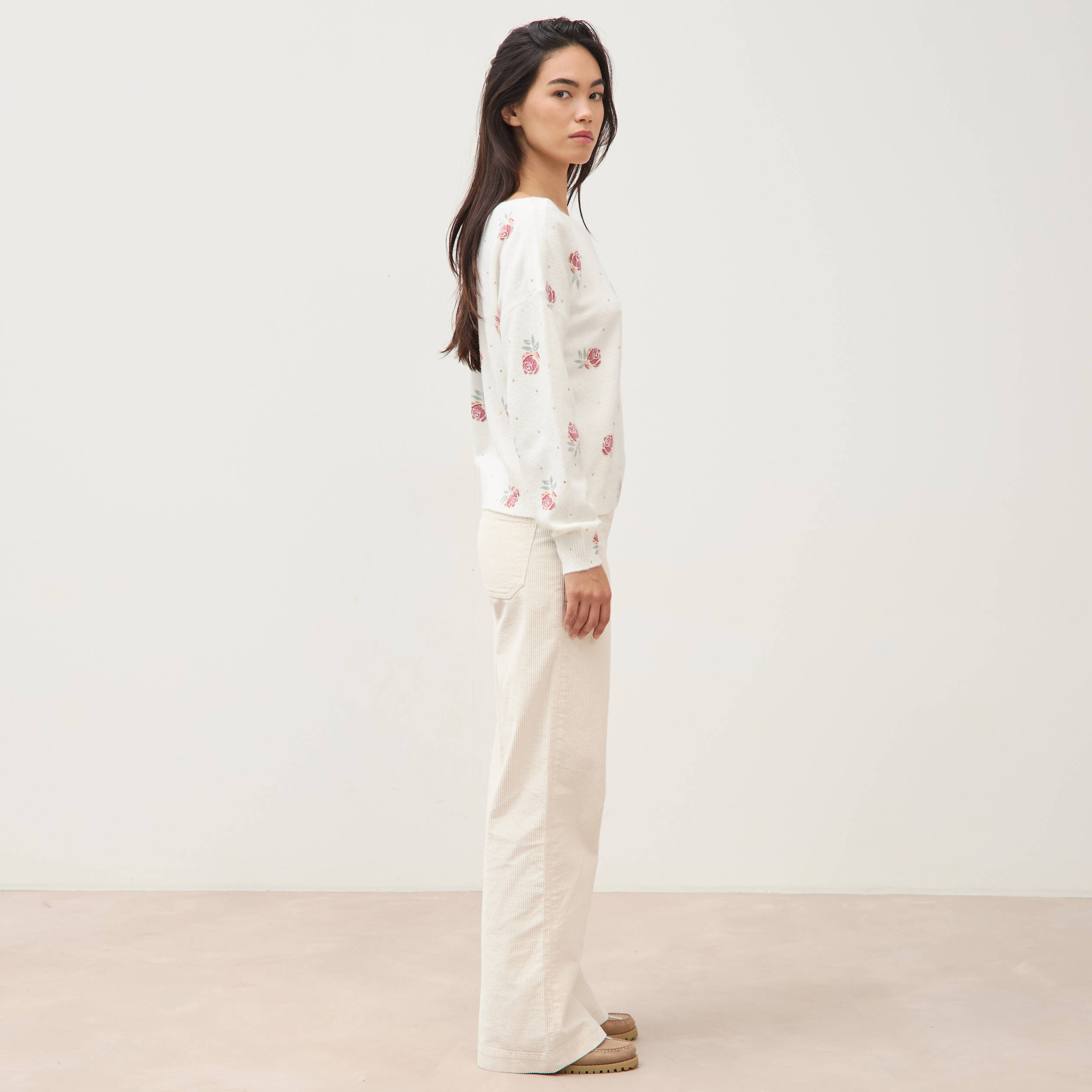Pull col bateau manches longues ecru femme
