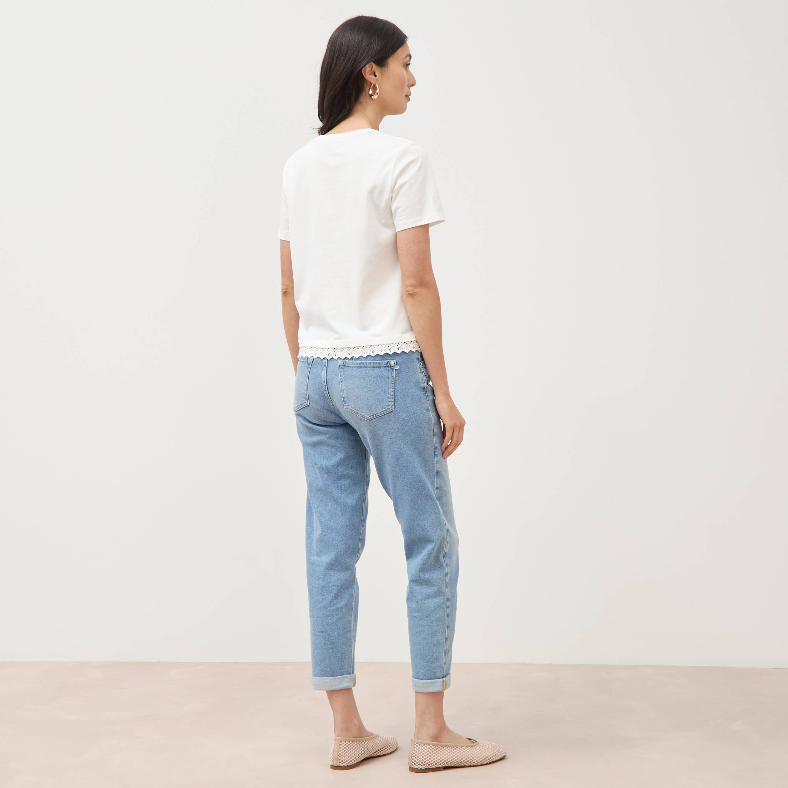 T-shirt droit col rond manches courtes ecru femme