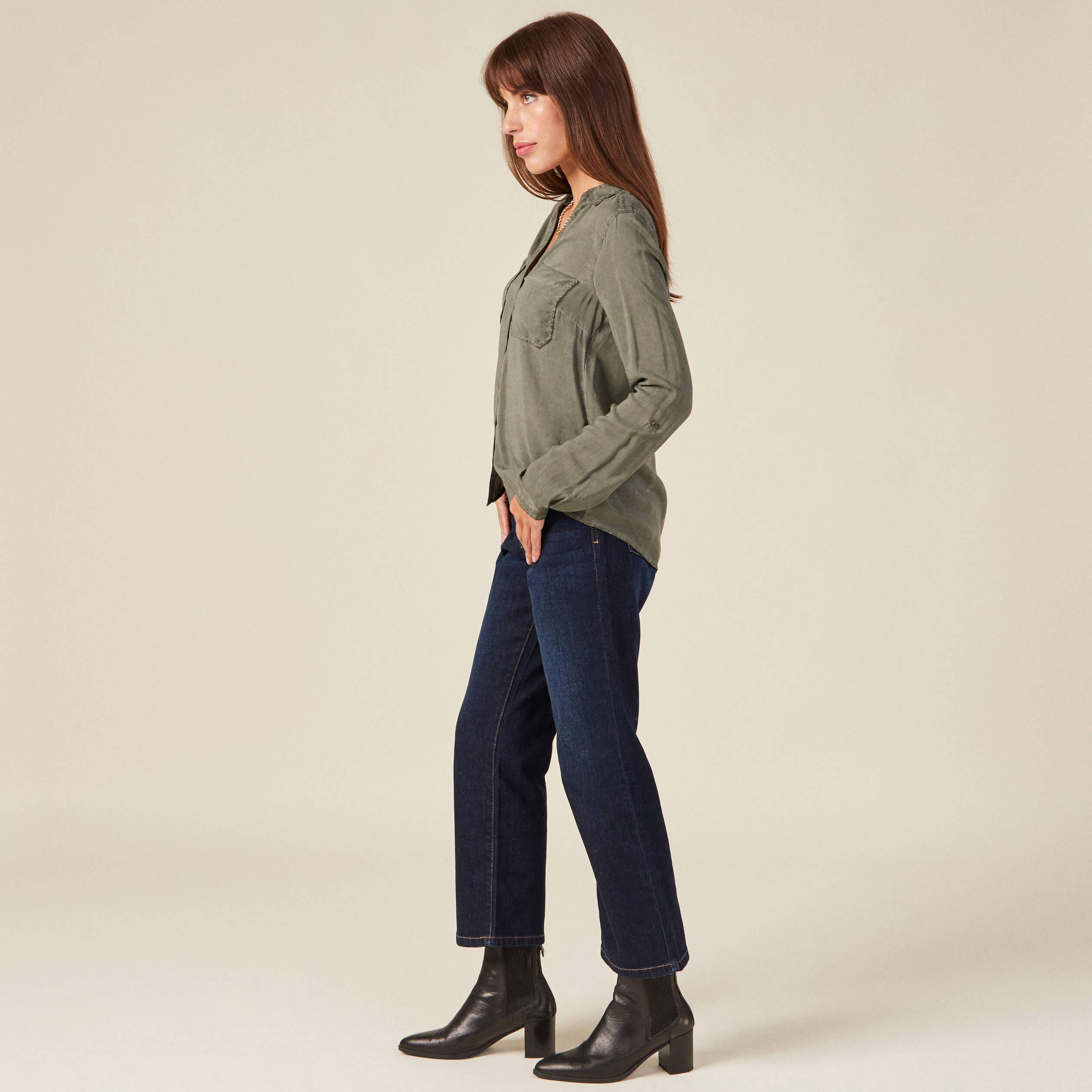 Chemise manches longues vert kaki femme