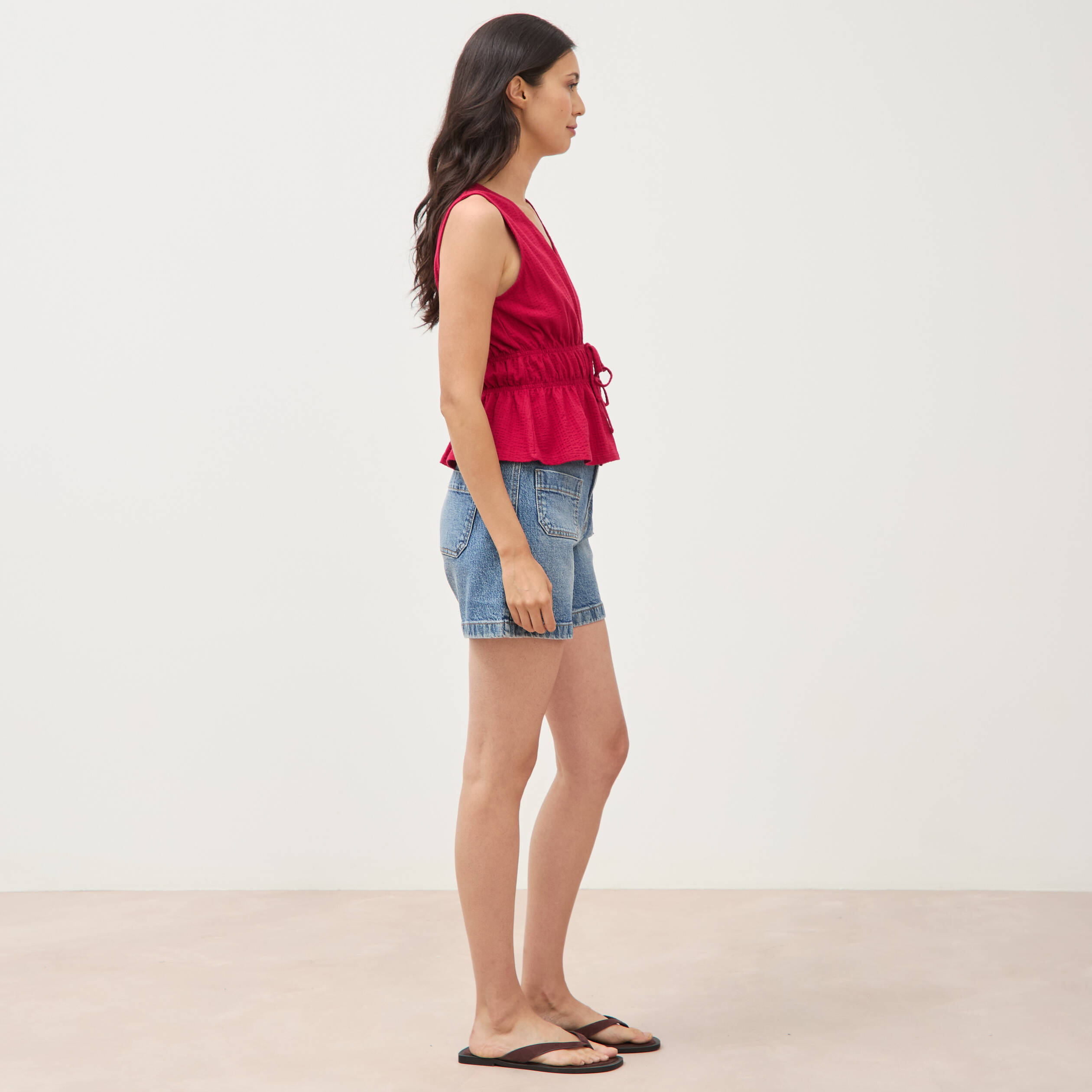 D&eacute;bardeur col v n&oelig;uds en coton rouge clair femme