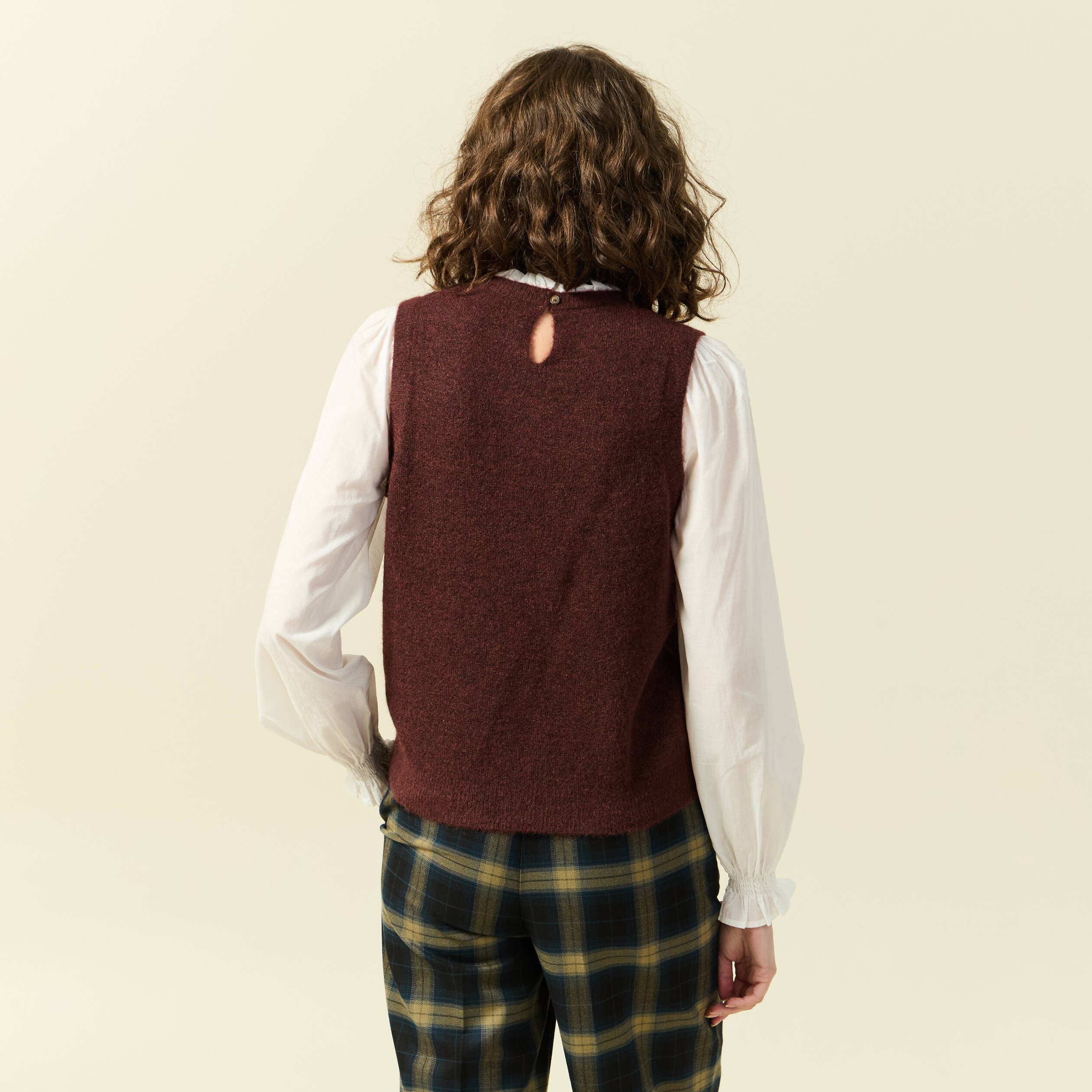 Pull 2 en 1 col rond manches longues marron femme