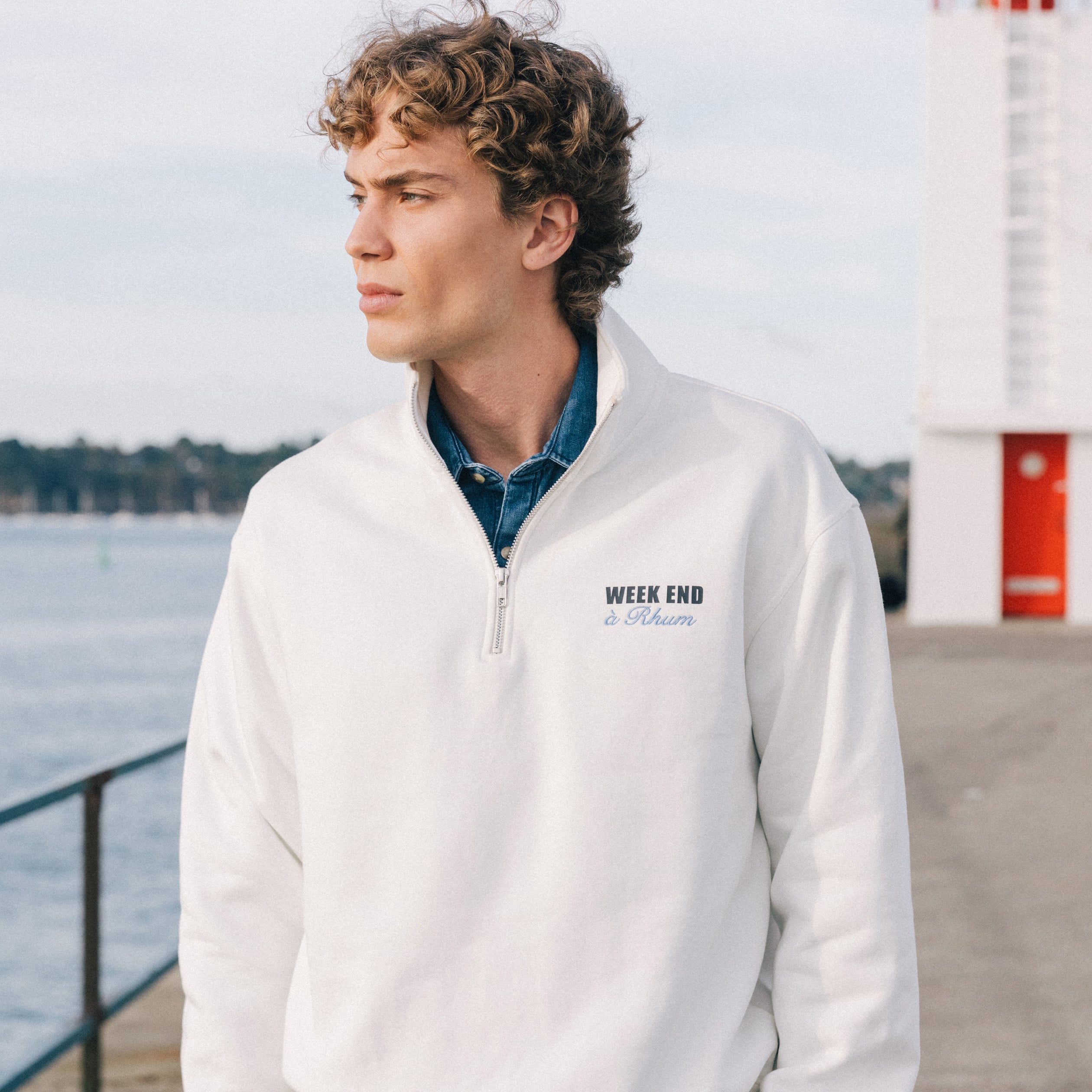 Sweat ample col montant manches longues ecru homme