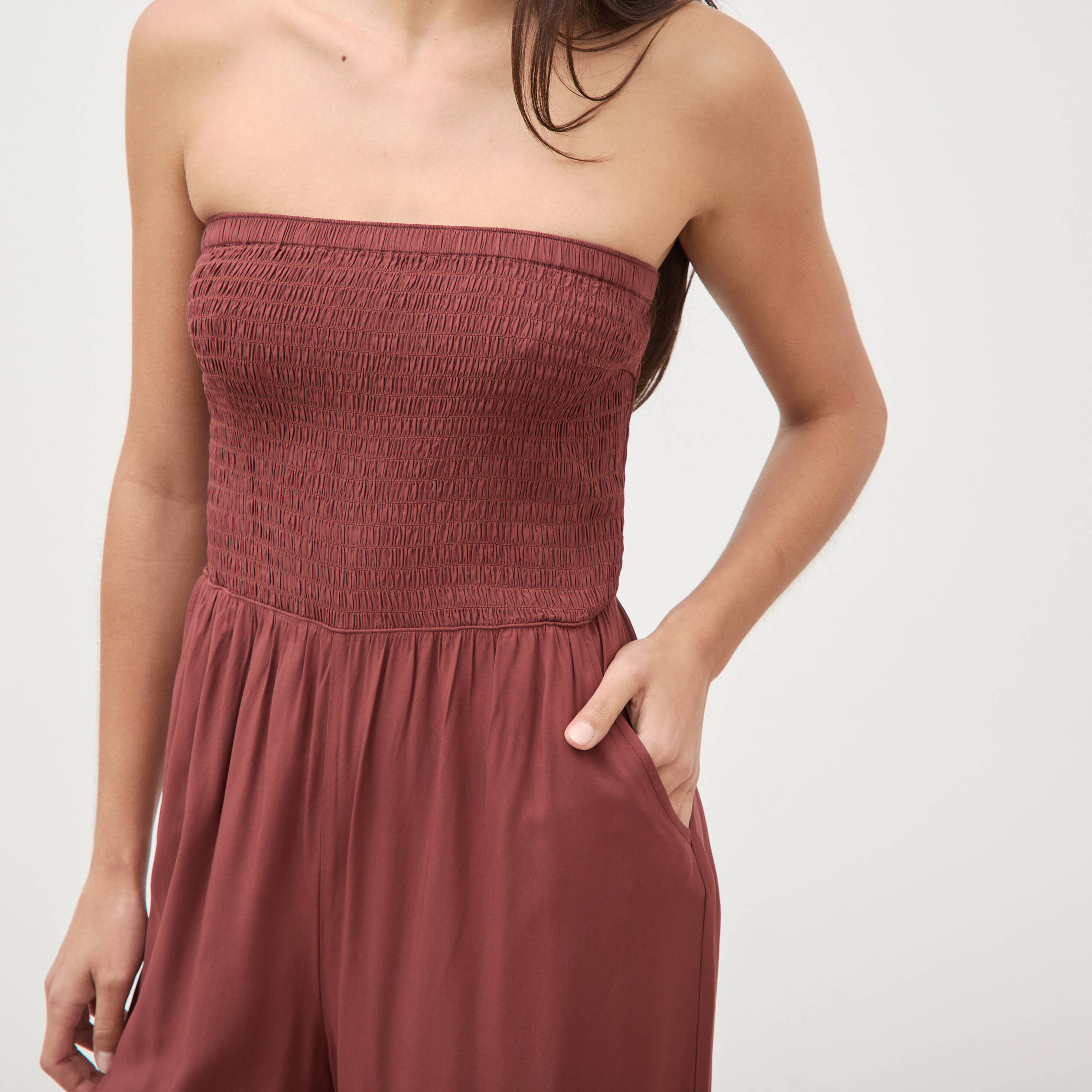 Combinaison bustier sans manches marron cognac femme