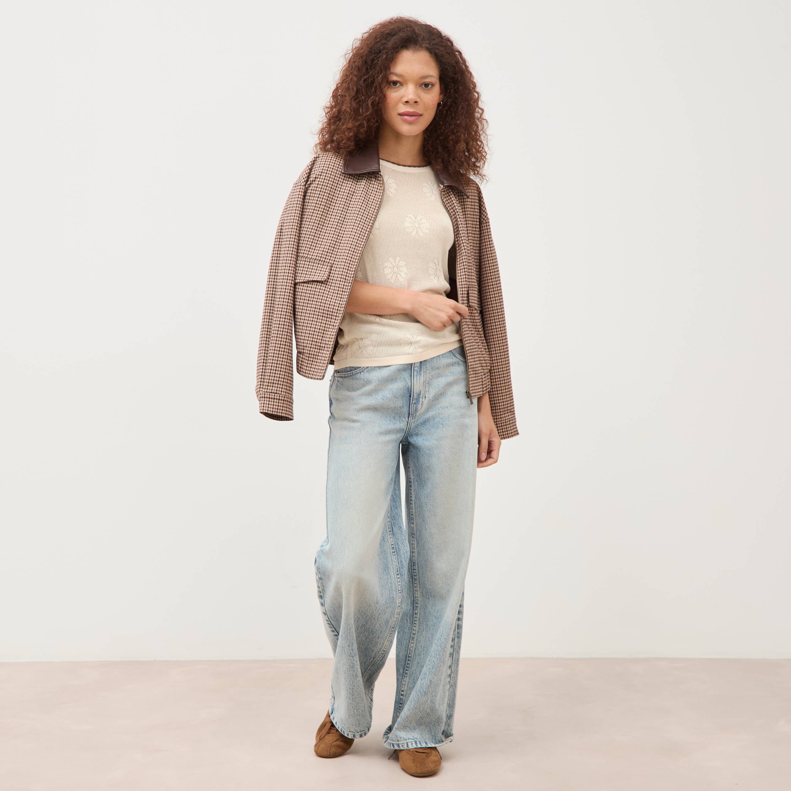Pull droit court manches courtes ecru femme