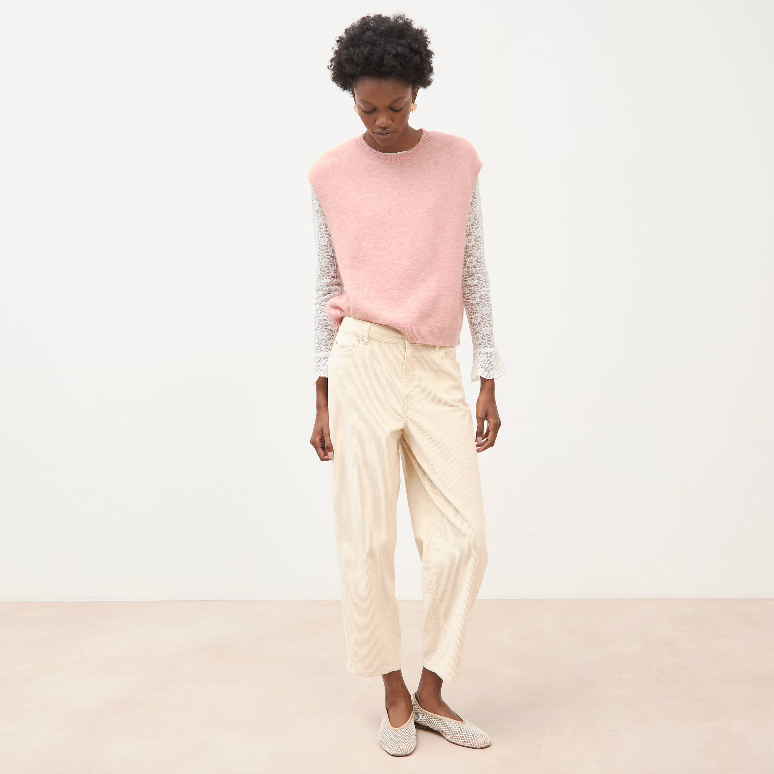 Pantalon barrel taille haute velours ivoire femme