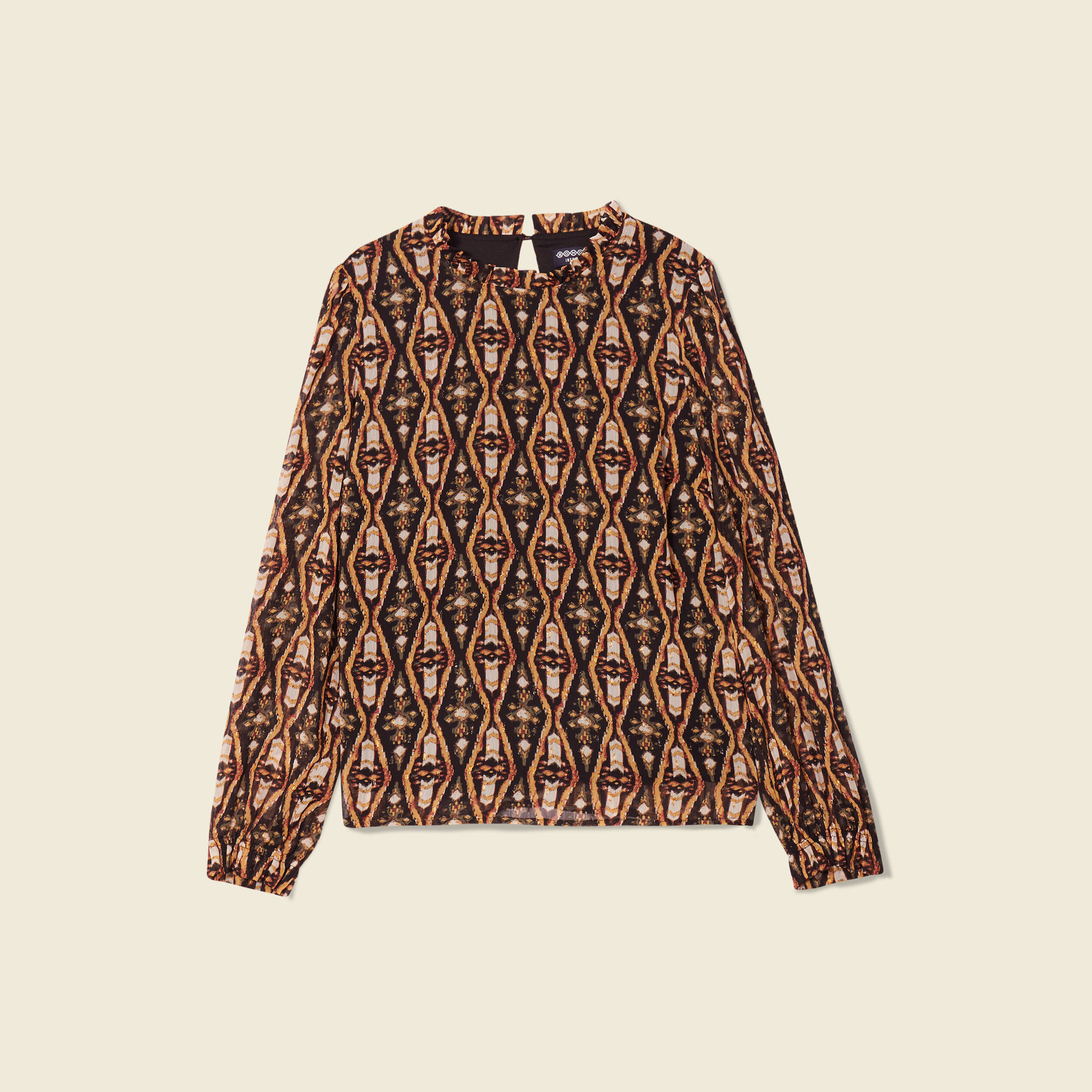 Blouse cintr&eacute;e manches longues col rond camel femme