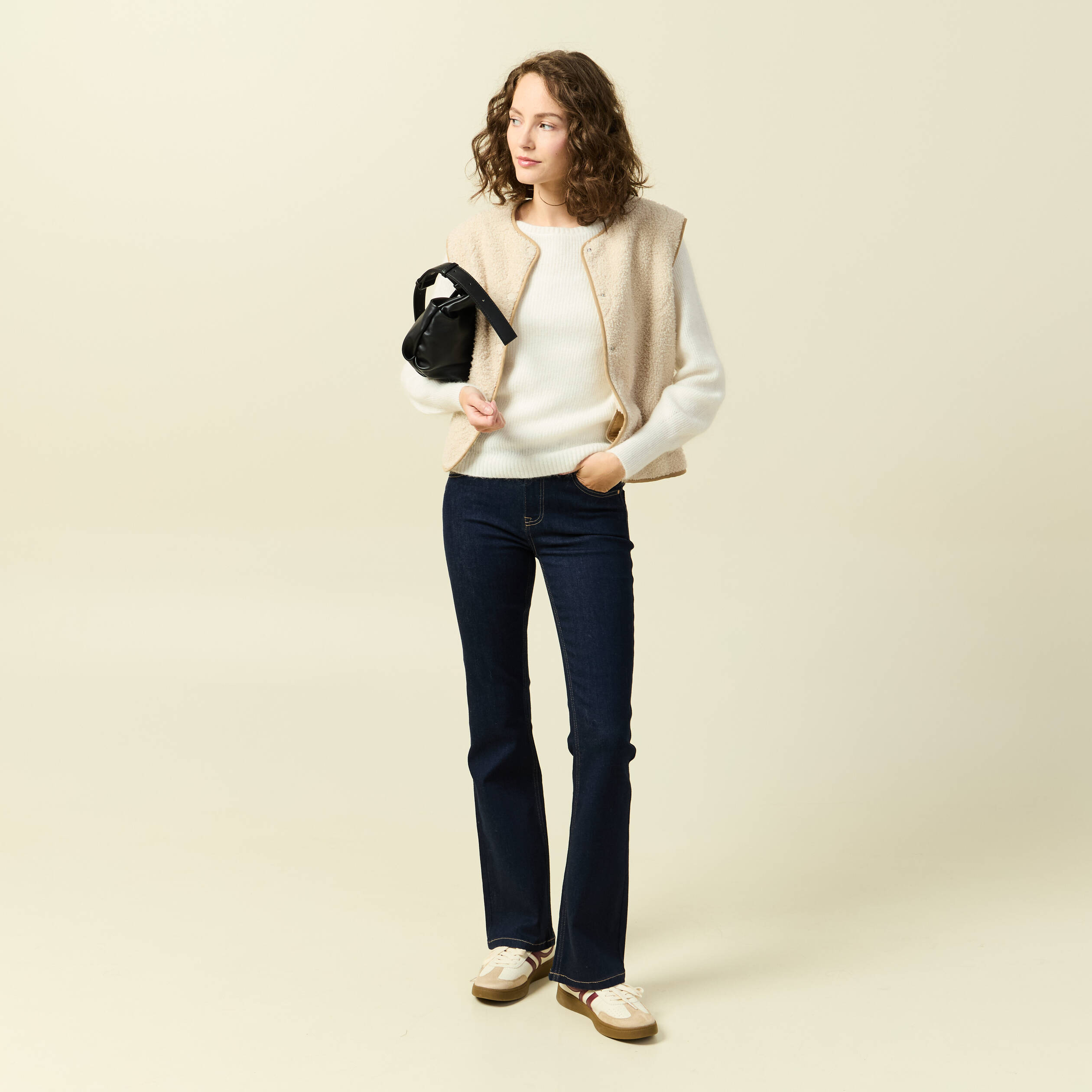 Pull col bateau manches longues ecru femme