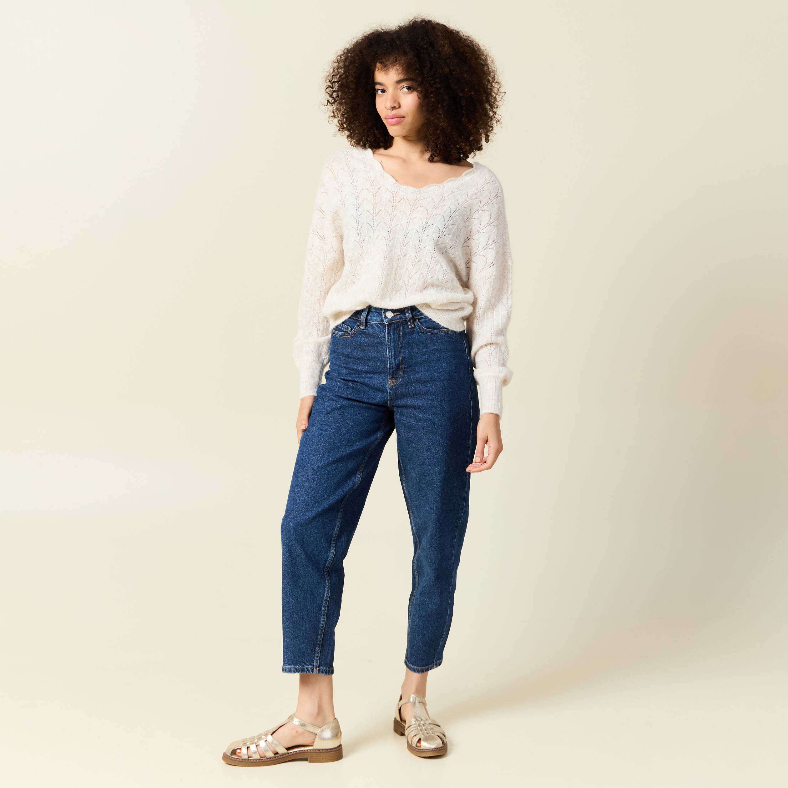 Gilet ajour&eacute; col V manches longues ecru femme