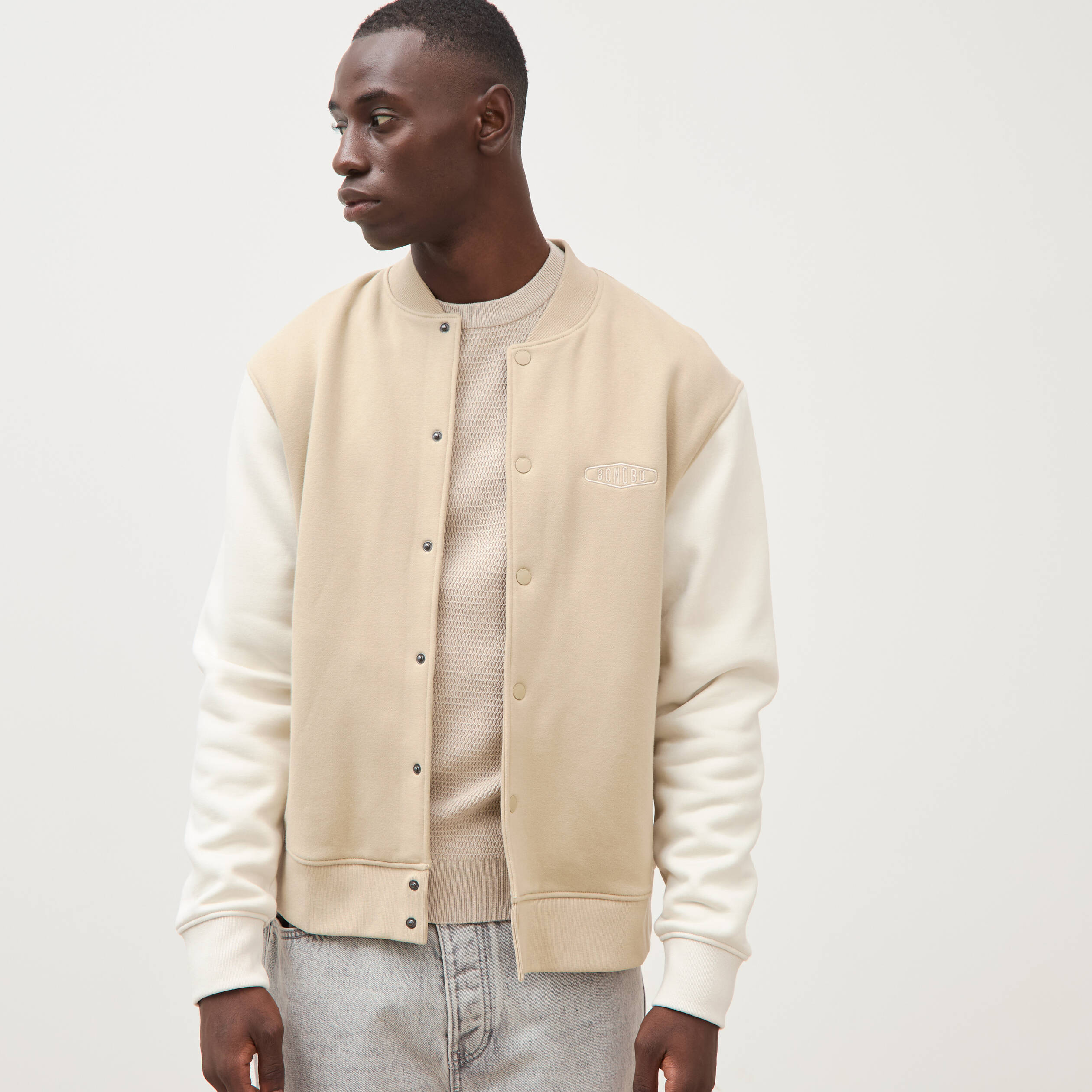 Sweat manches longues brod&eacute; beige homme