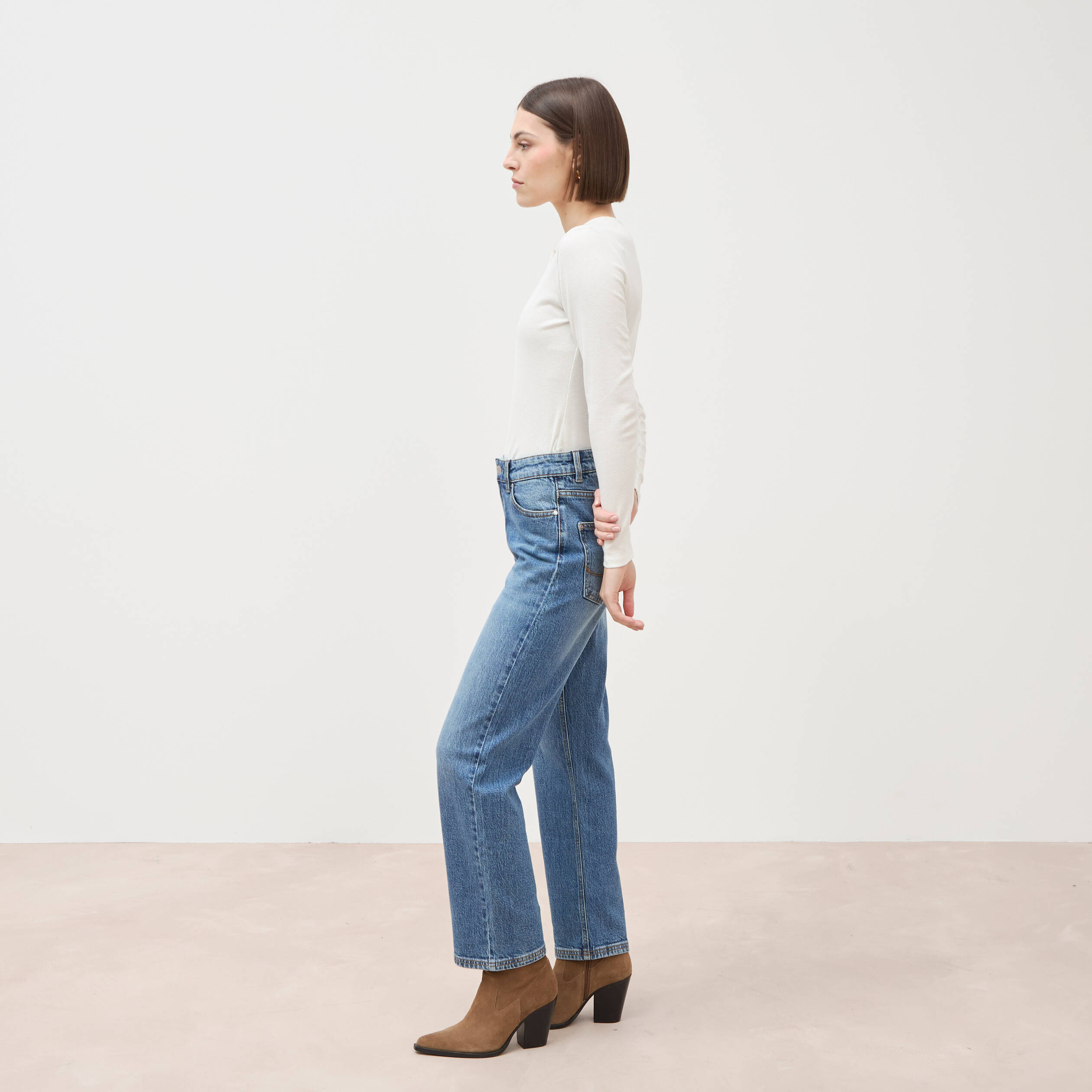 Jeans straight 7/8&egrave;me taille haute denim stone femme