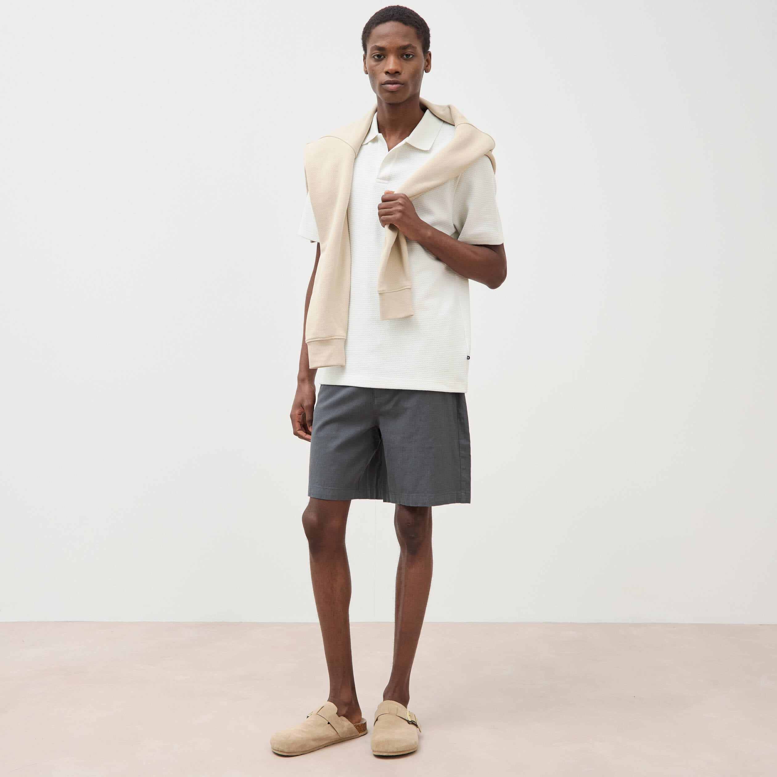 Polo manches courtes col cubain ecru homme