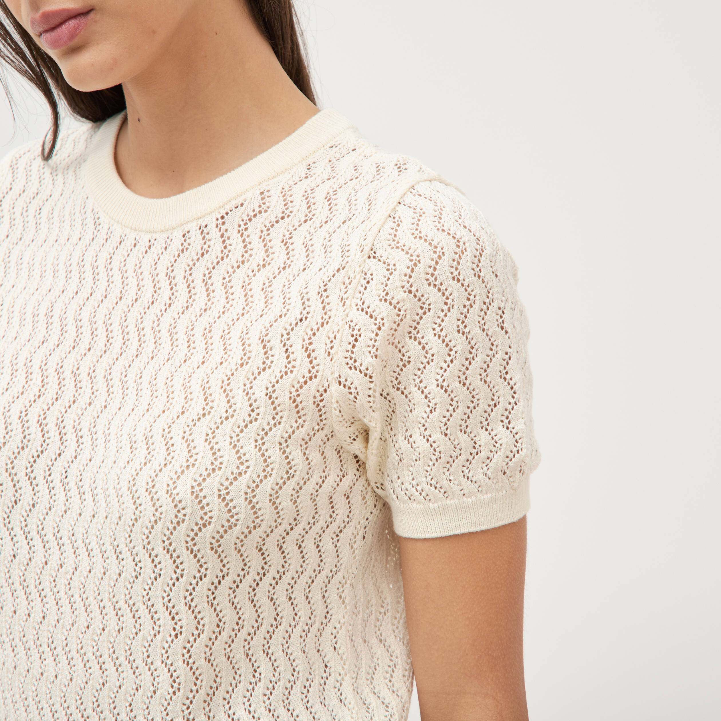 Pull col rond manches courtes creme femme