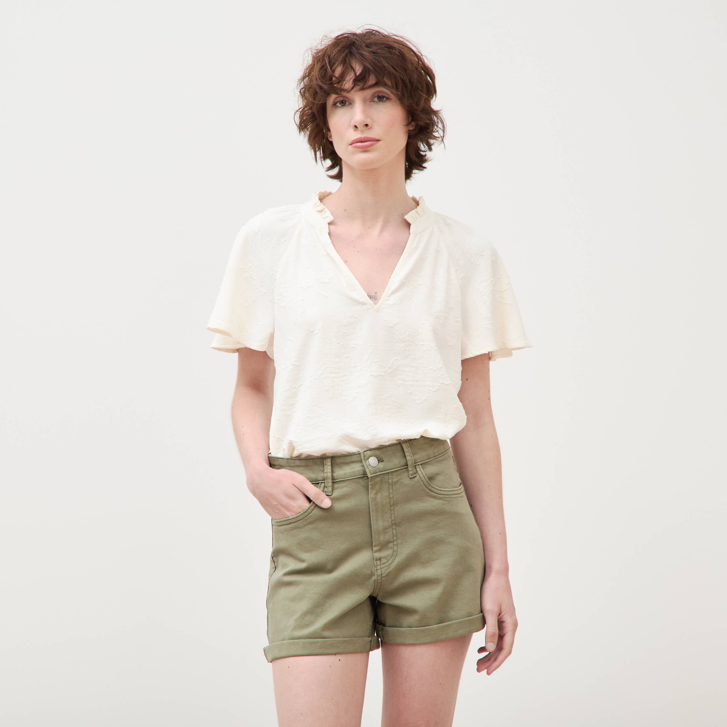 Short mom taille haute vert kaki femme