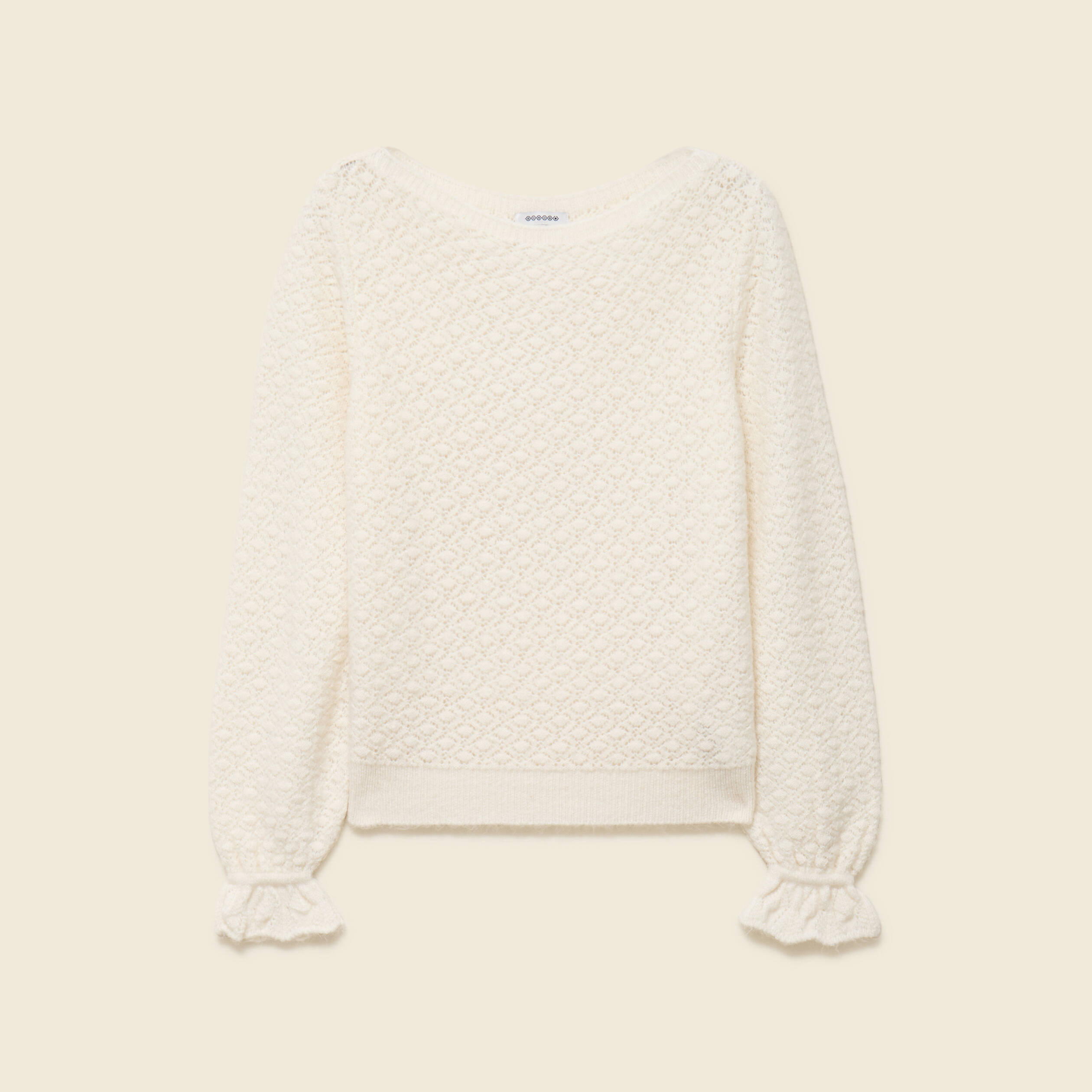 Pull ajour&eacute; col bateau manches longues ecru femme