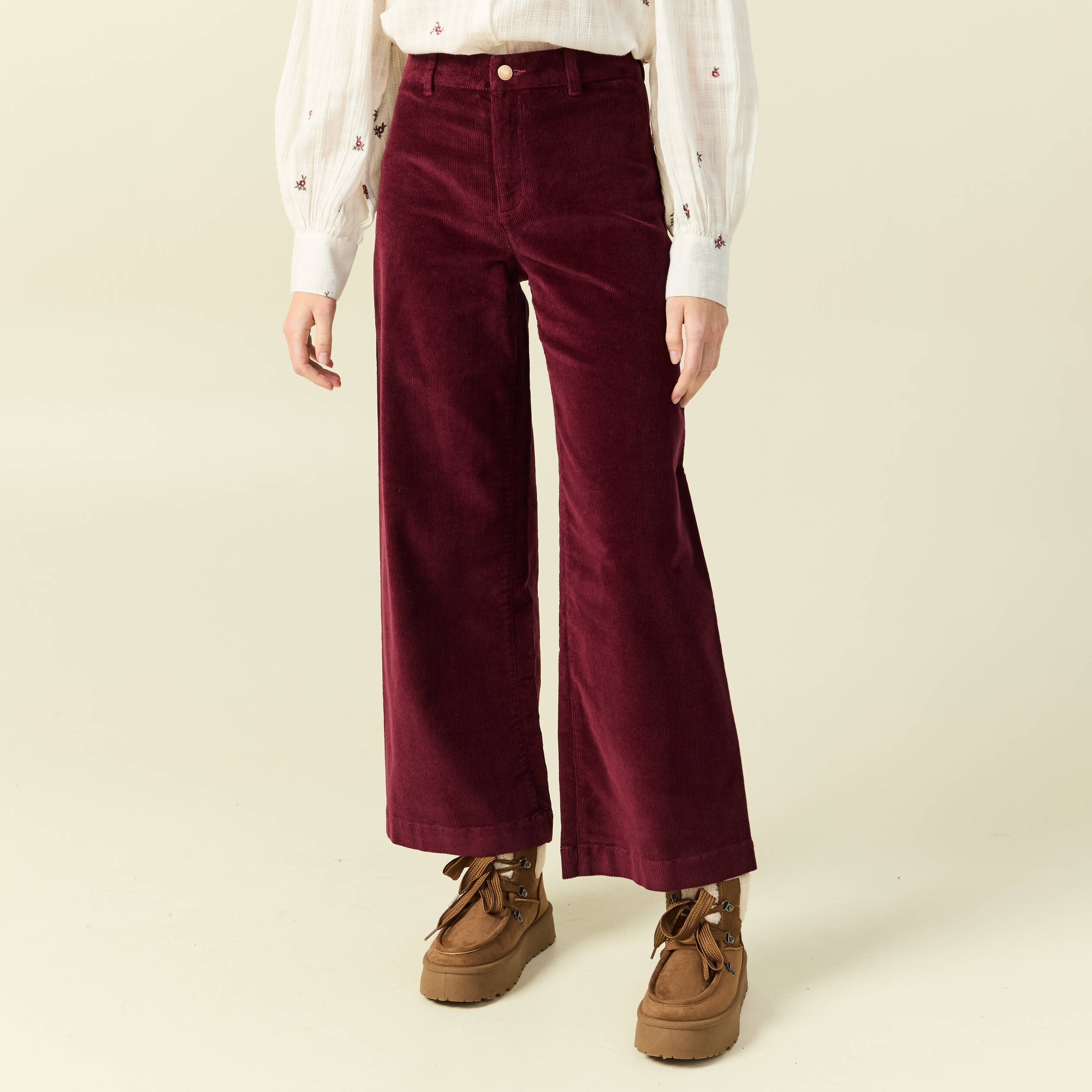 Pantalon large taille haute en velours bordeaux femme Vibs