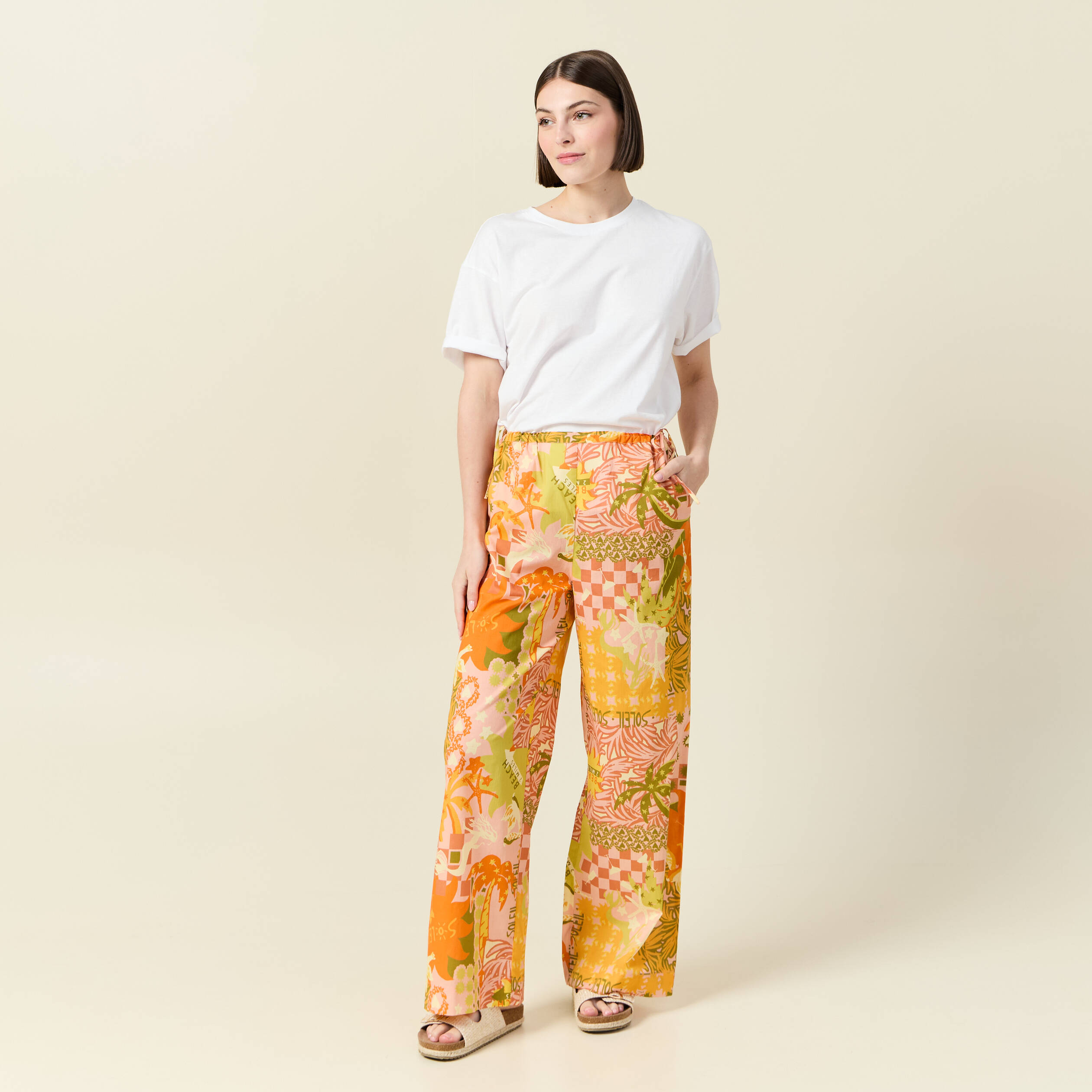pantalon large taille haute en coton orange corail femme Pantalon large taille haute en coton orange corail femme