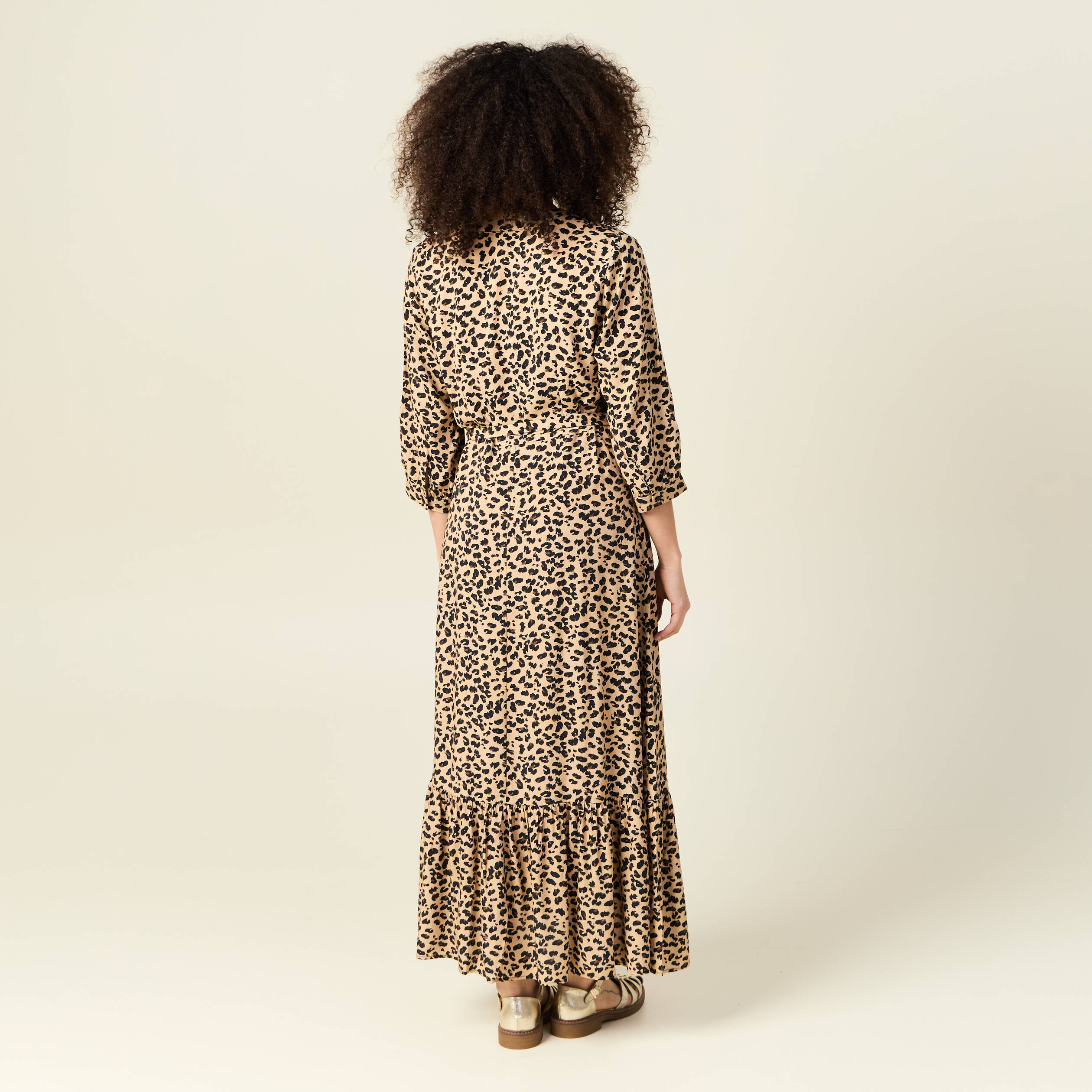 Robe longue droite manches 3/4 marron clair femme