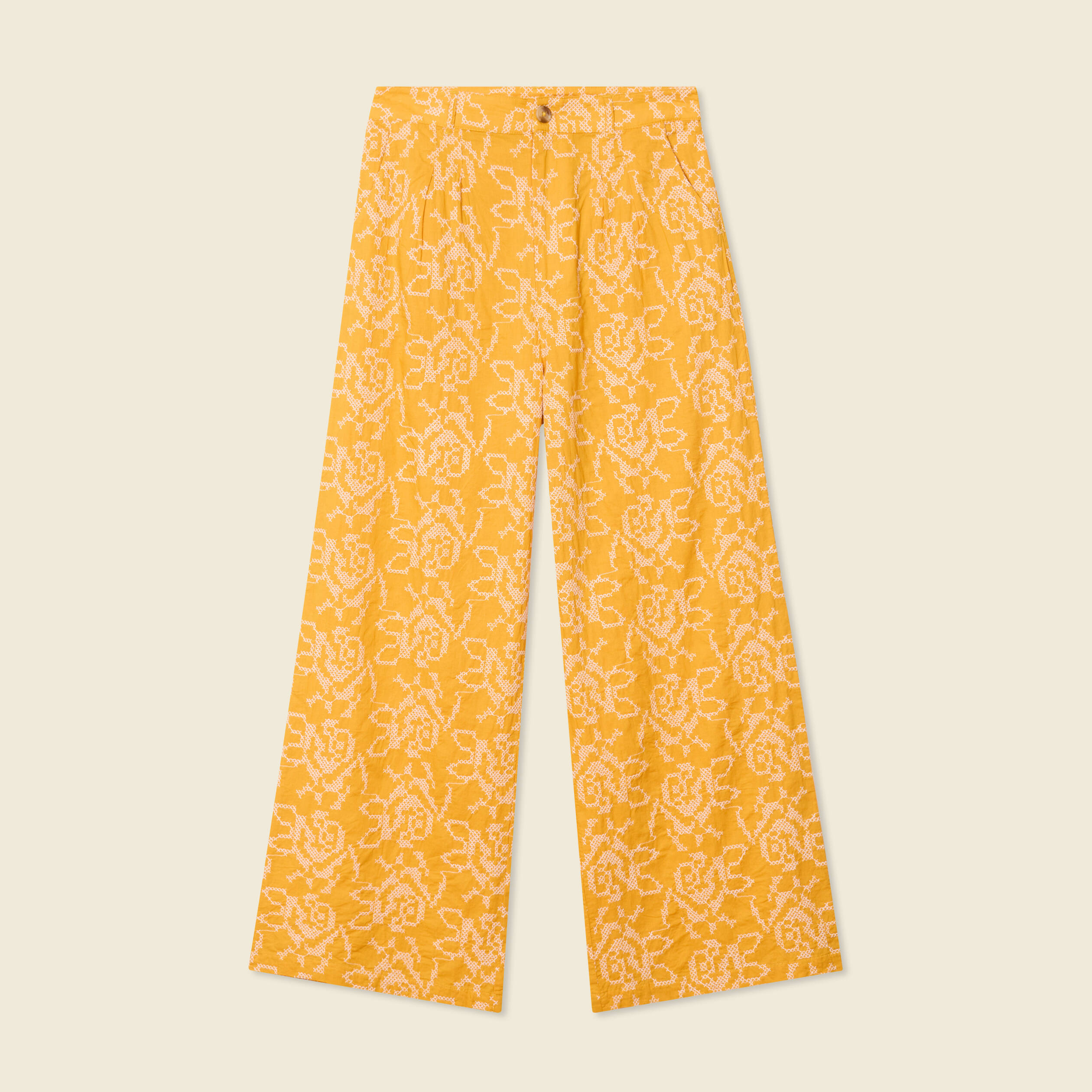 Pantalon large brod&eacute; jaune femme