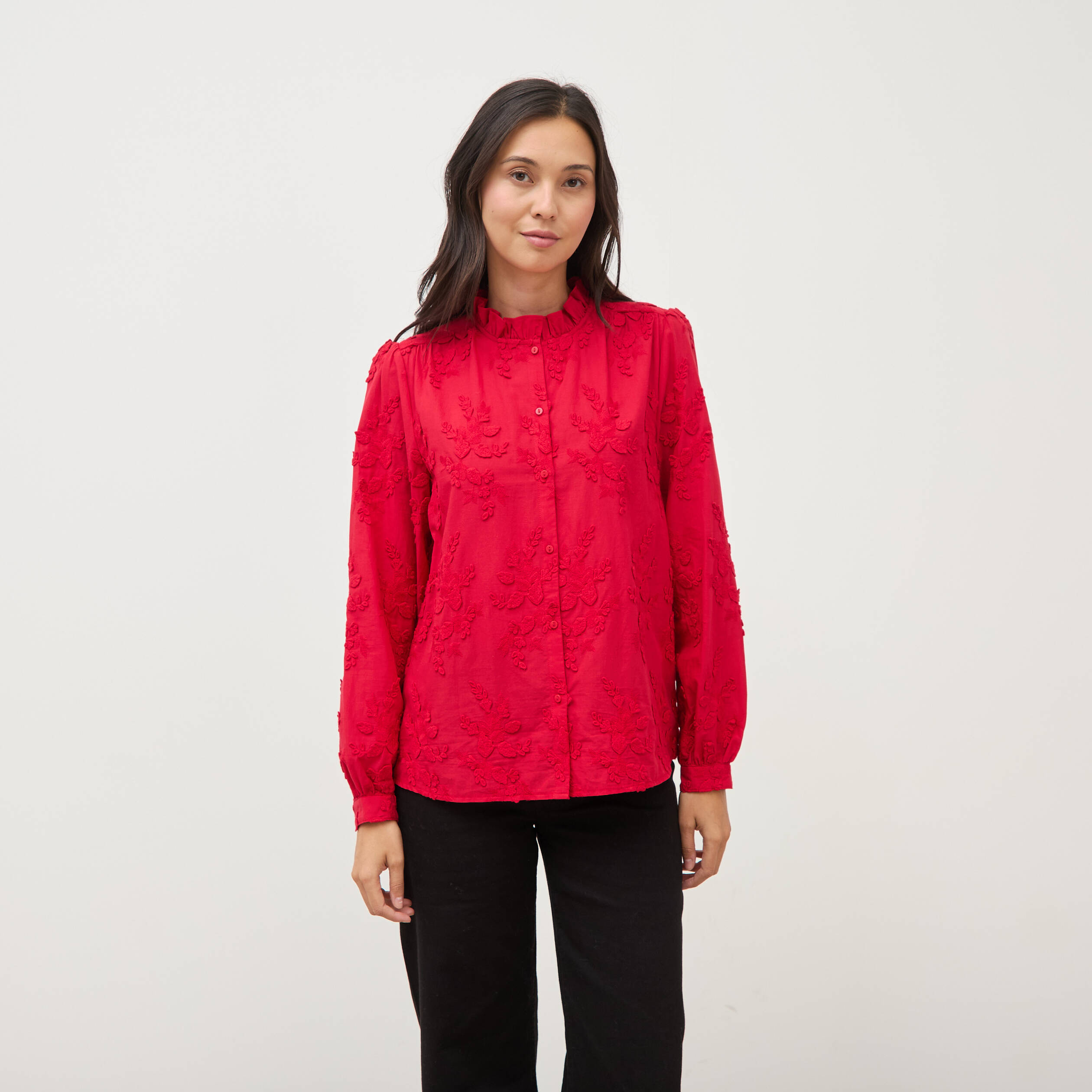 Chemise en coton manches longues rouge fonc&eacute; femme