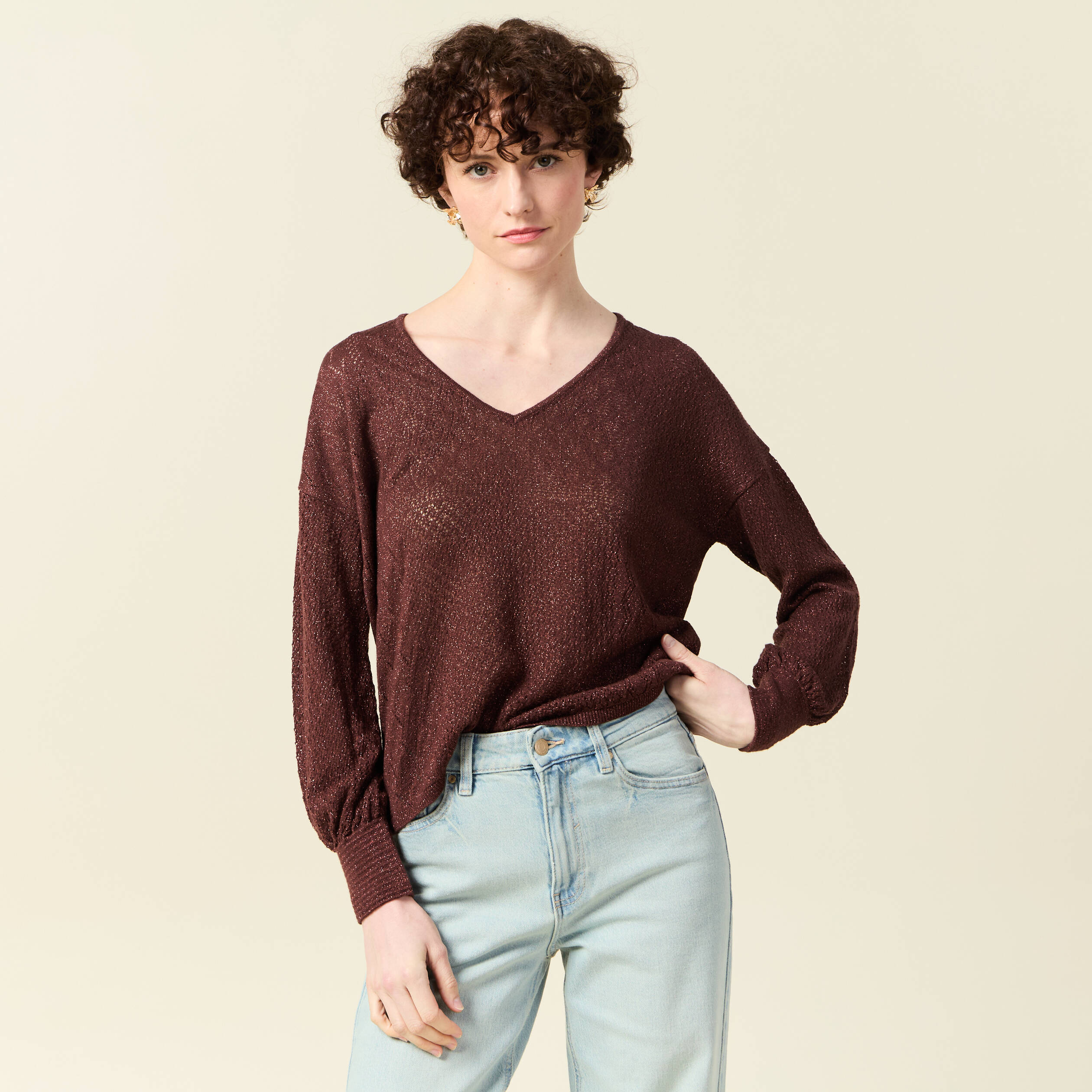 Pull manches longues ajour&eacute; bordeaux femme