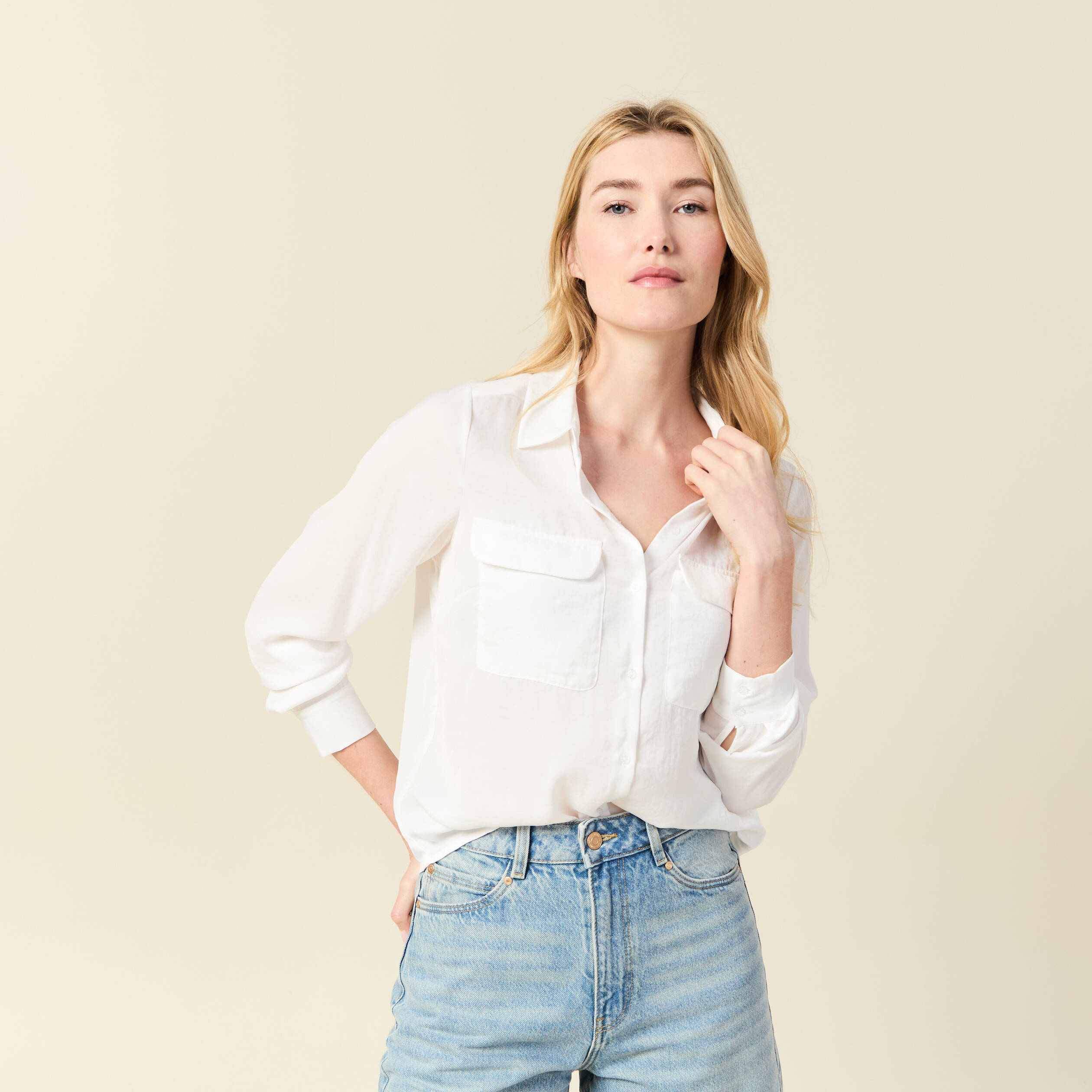 chemise manches longues satin ecru femme Chemise manches longues satin ecru femme