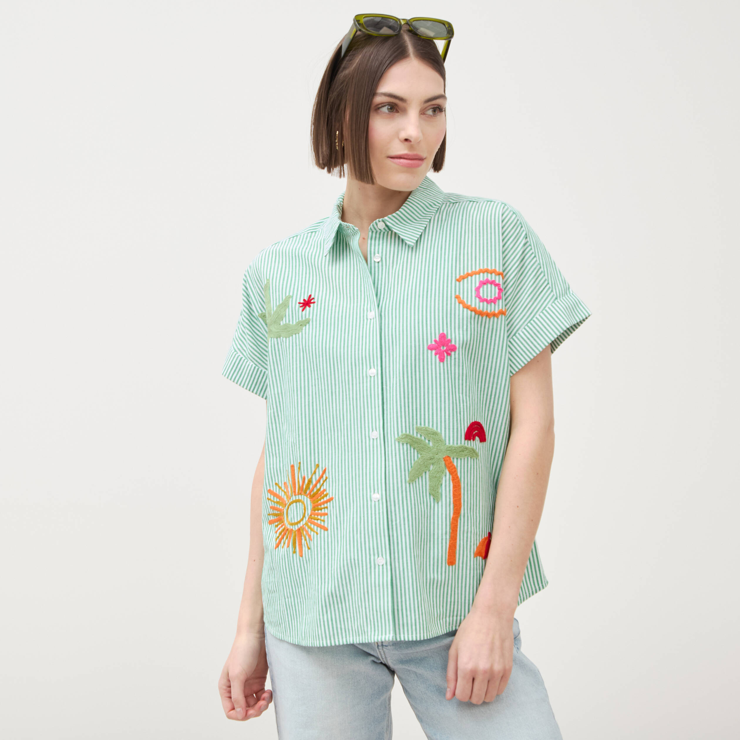 Chemise ample en coton &agrave; broderie vert femme