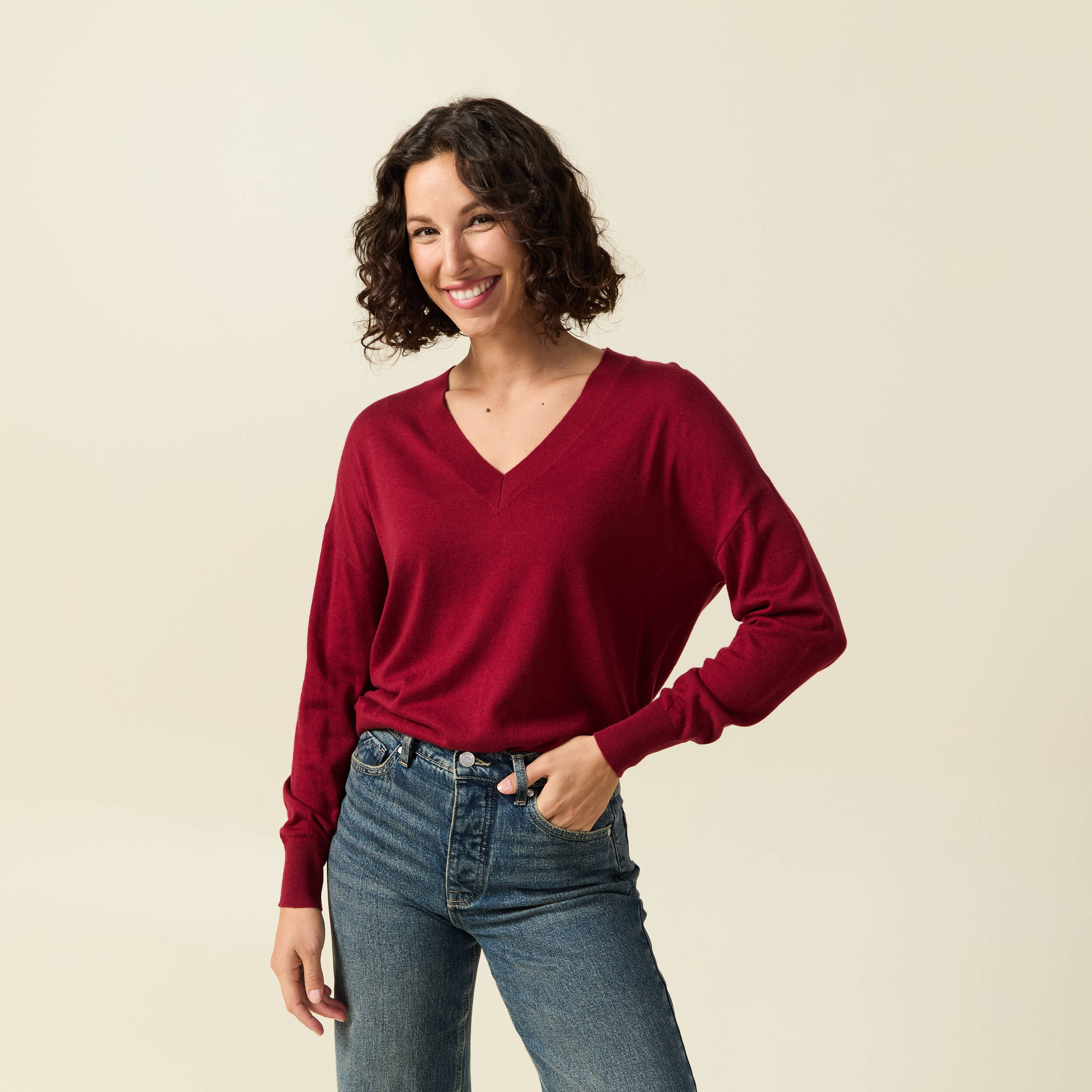 Pull fin col V manches longues rouge femme Vibs
