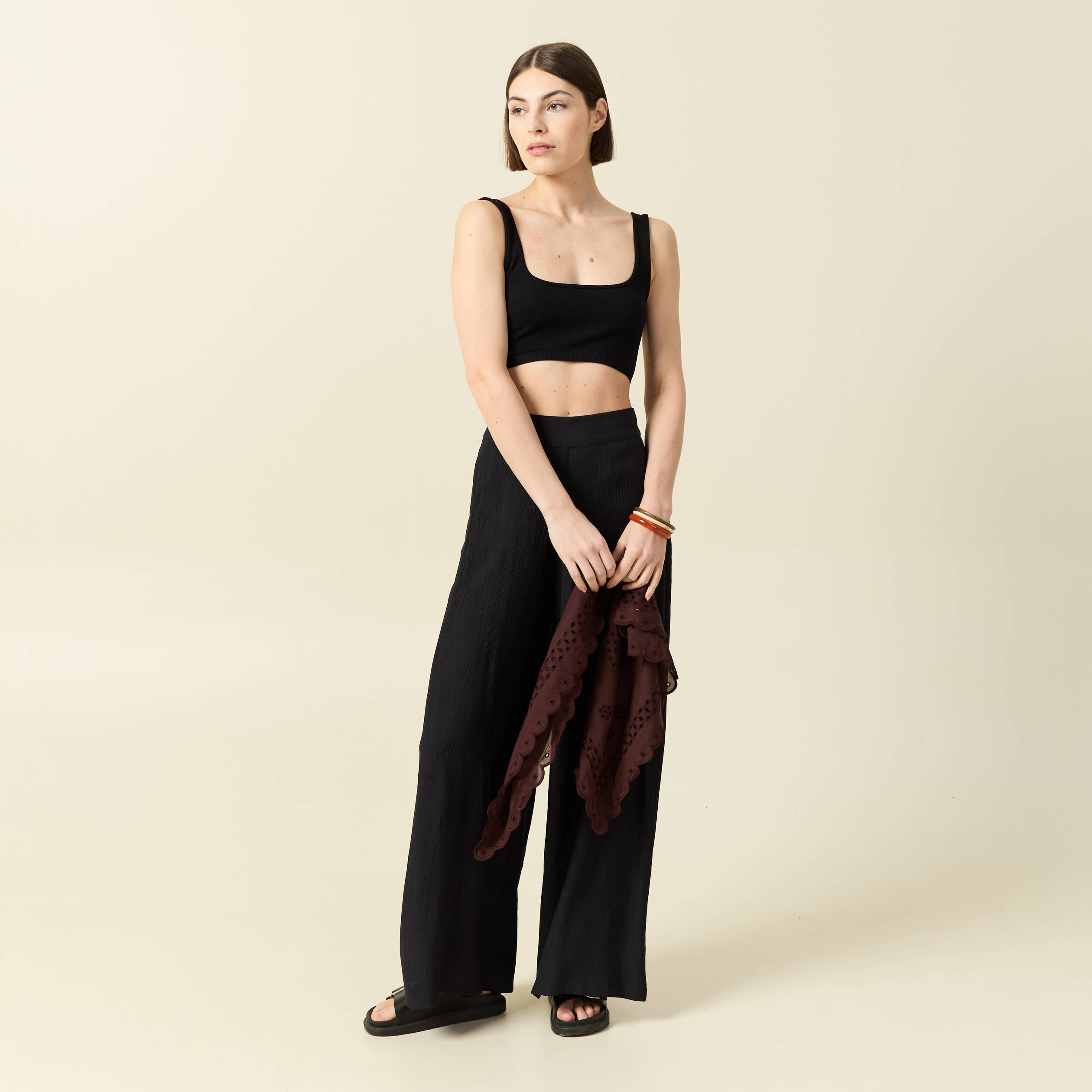 Pantalon large taille haute fluide noir femme