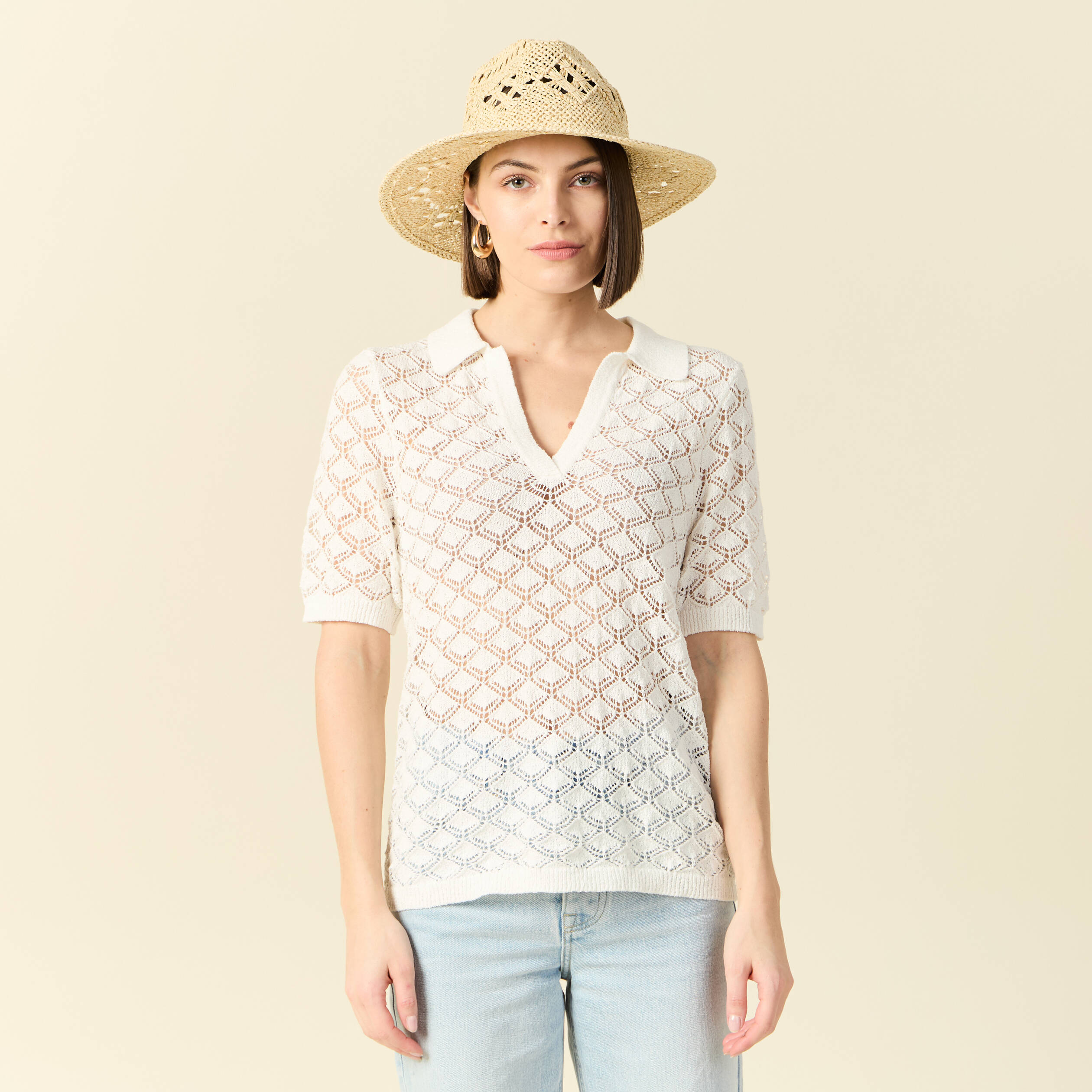 Pull manches courtes ajour&eacute; blanc femme