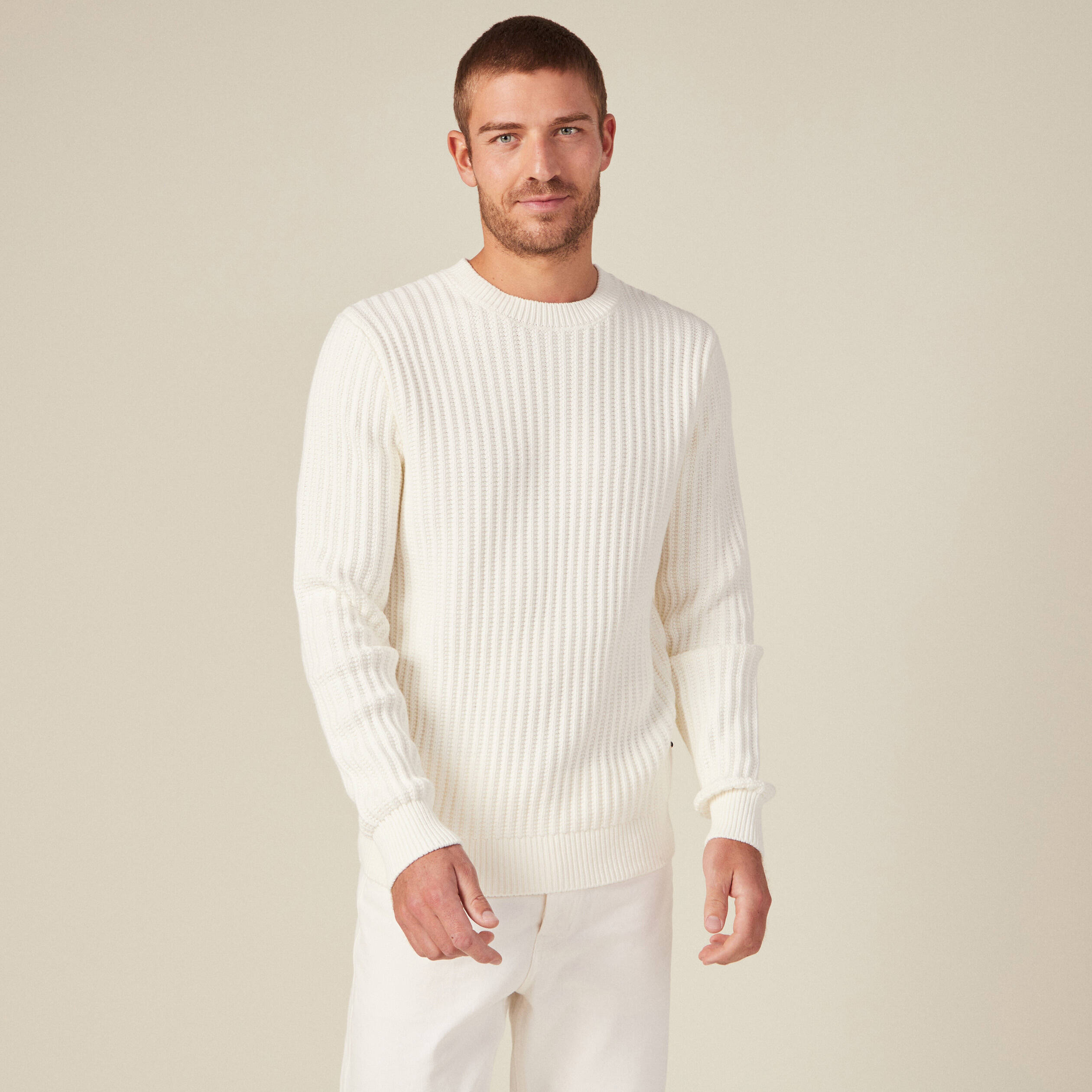 Pull manches longues col rond ecru homme