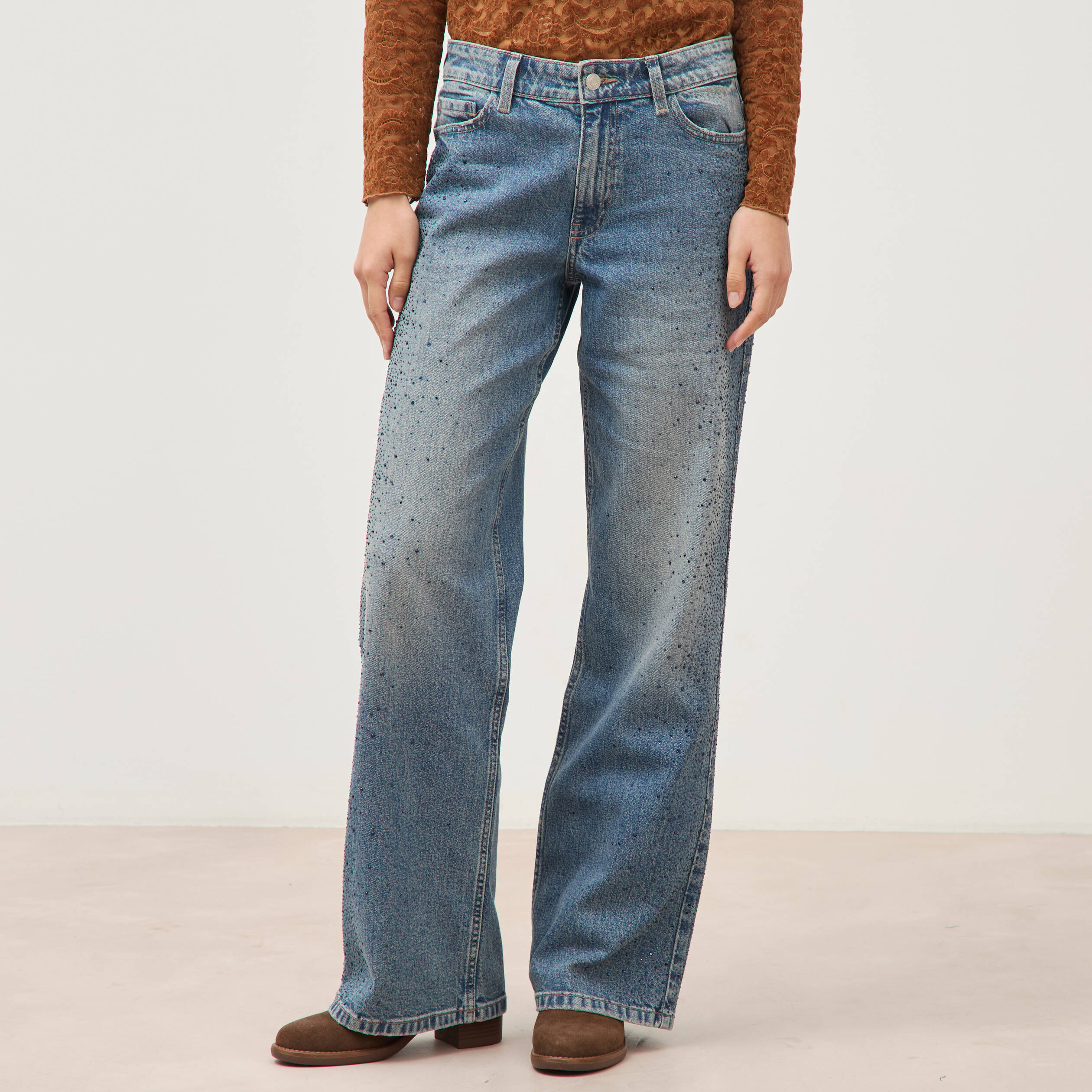Jeans wide leg strass taille standard bleu femme