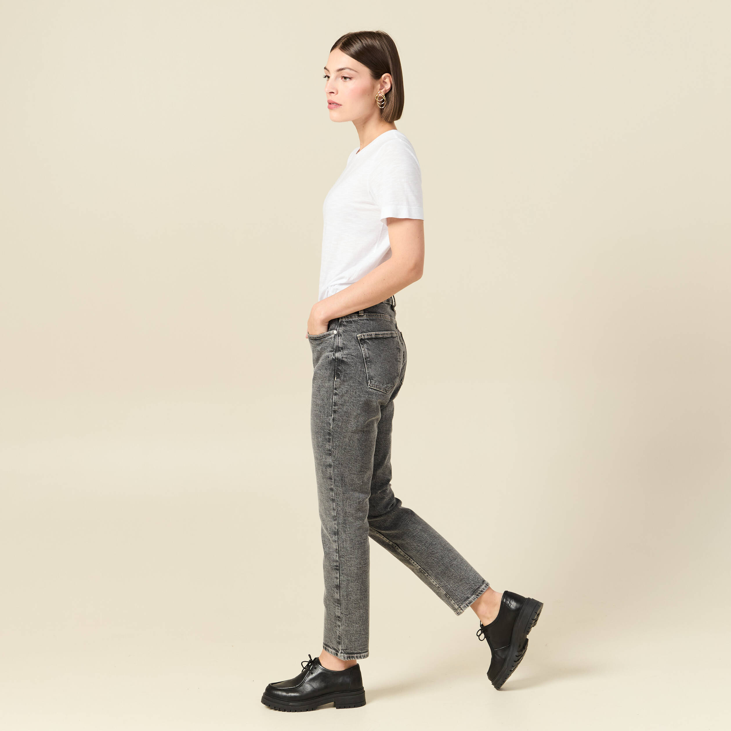 Jeans slim 7/8&egrave;me taille haute denim gris femme