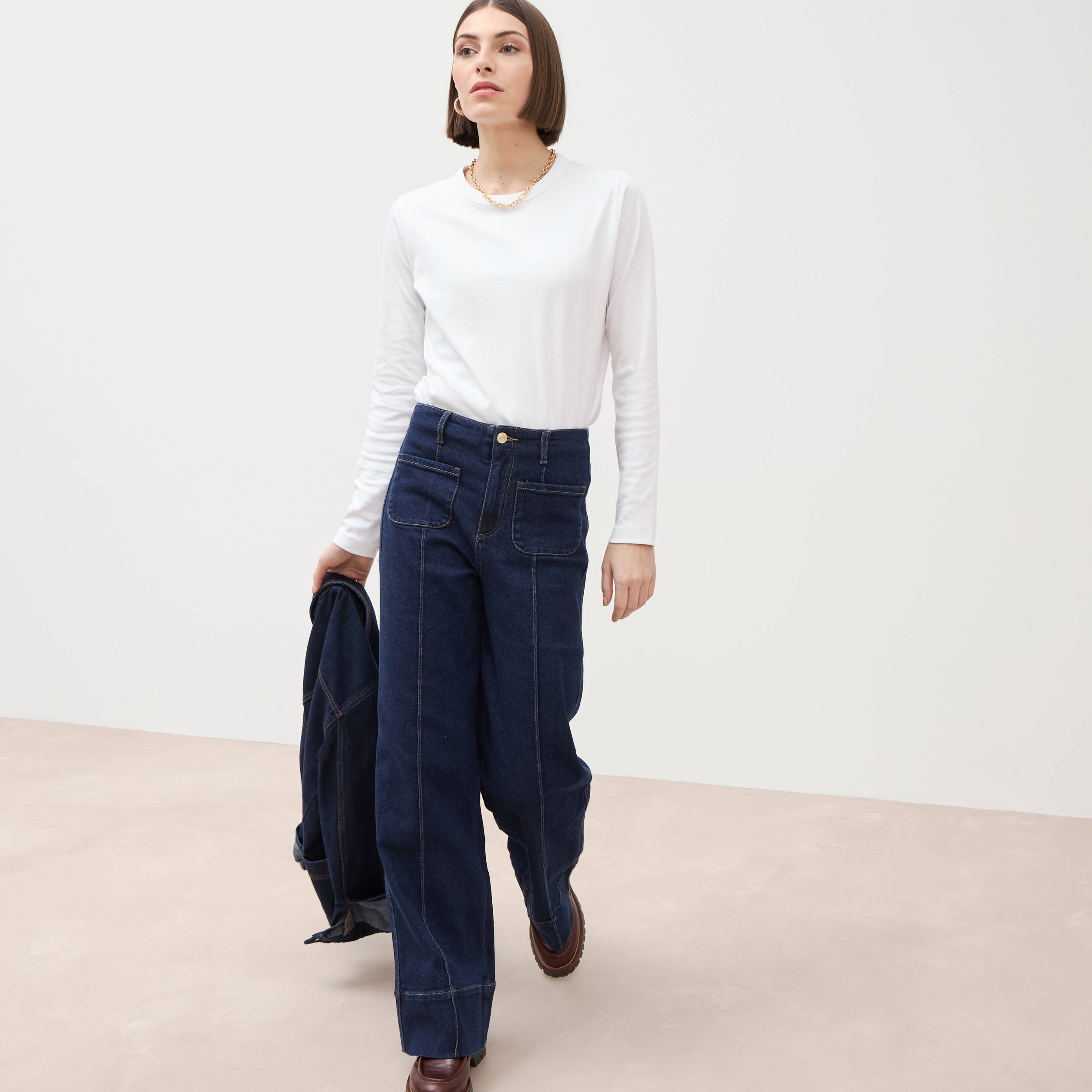 Jeans wide large taille haute denim brut rinse femme