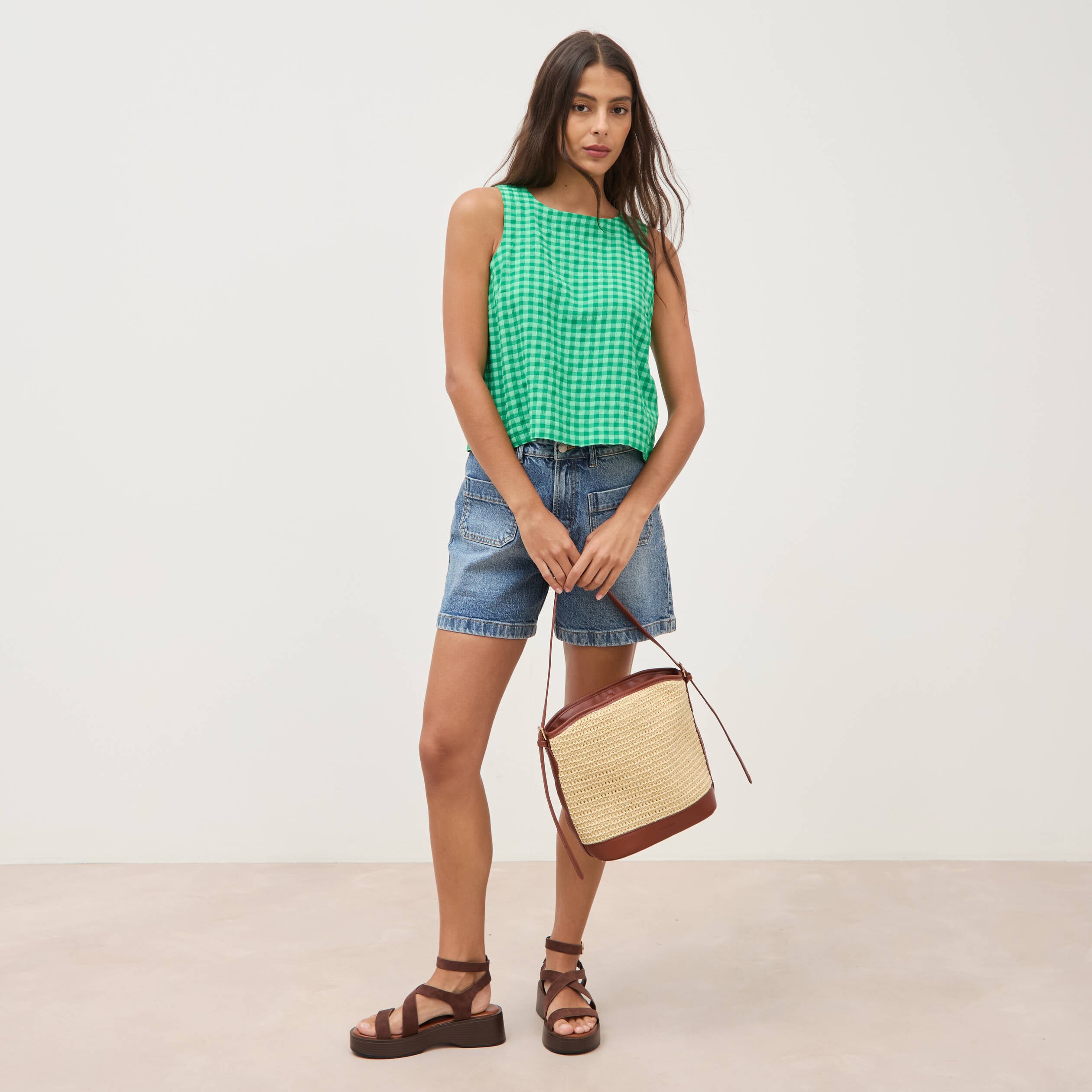 Blouse vichy droite cropped sans manches vert femme