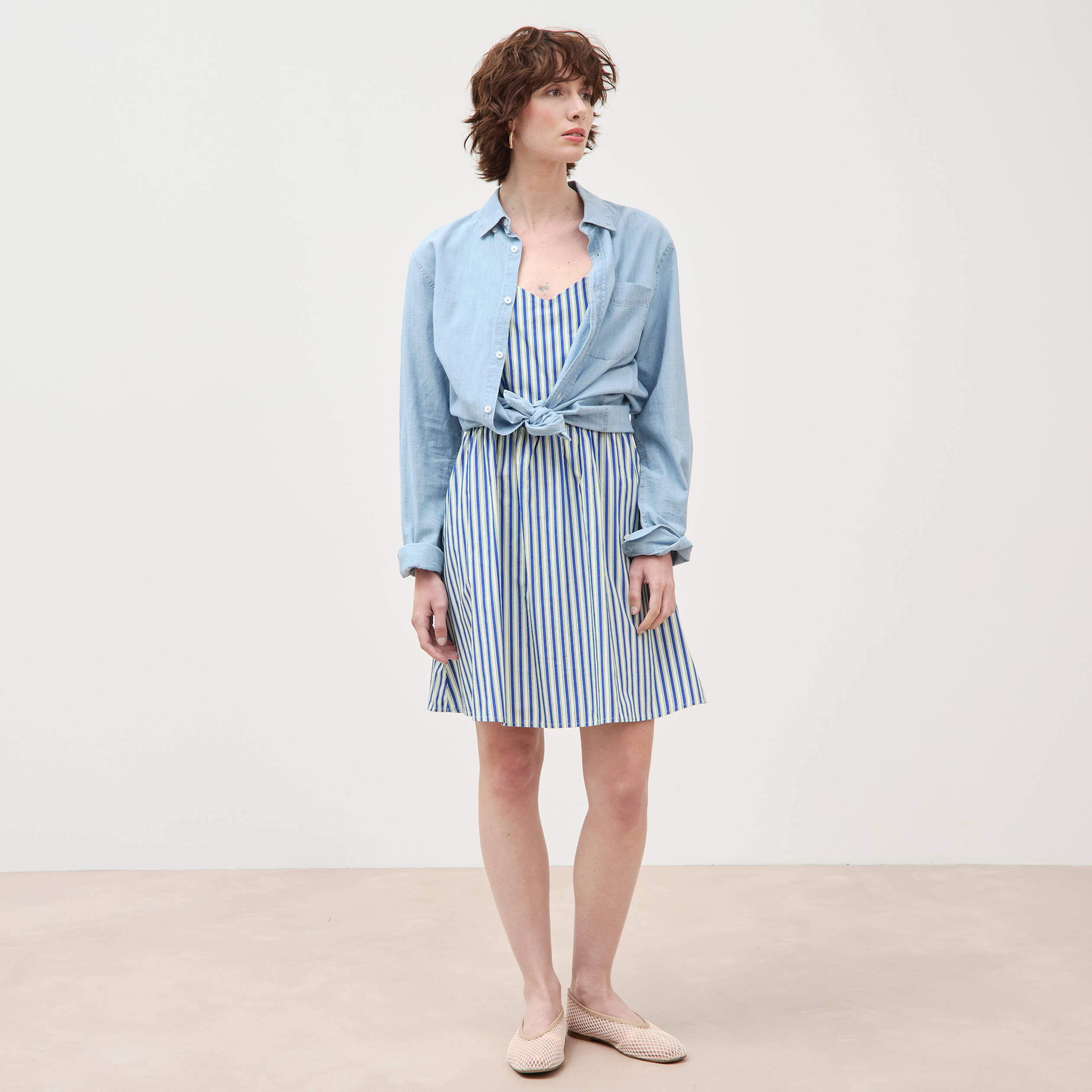 Robe bretelle col c&oelig;ur en coton bleu femme
