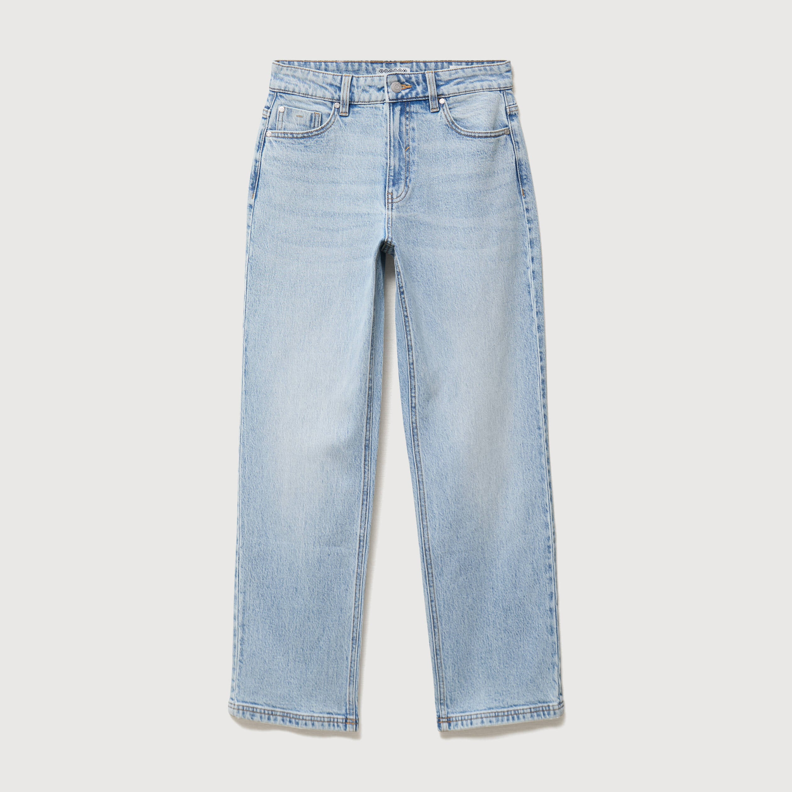Jeans straight 7/8&egrave;me taille haute denim bleach femme