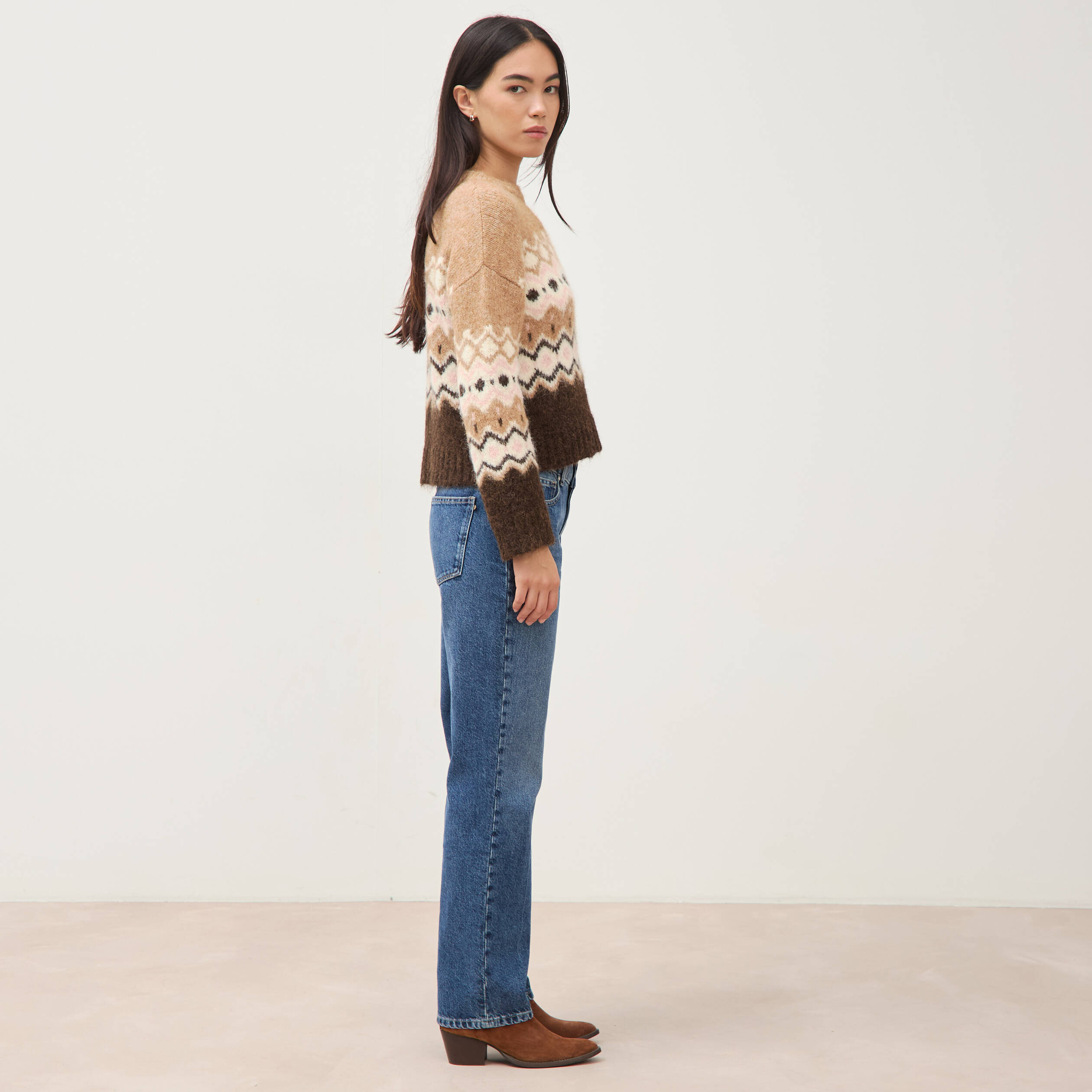 Pull droit col rond manches longues marron femme