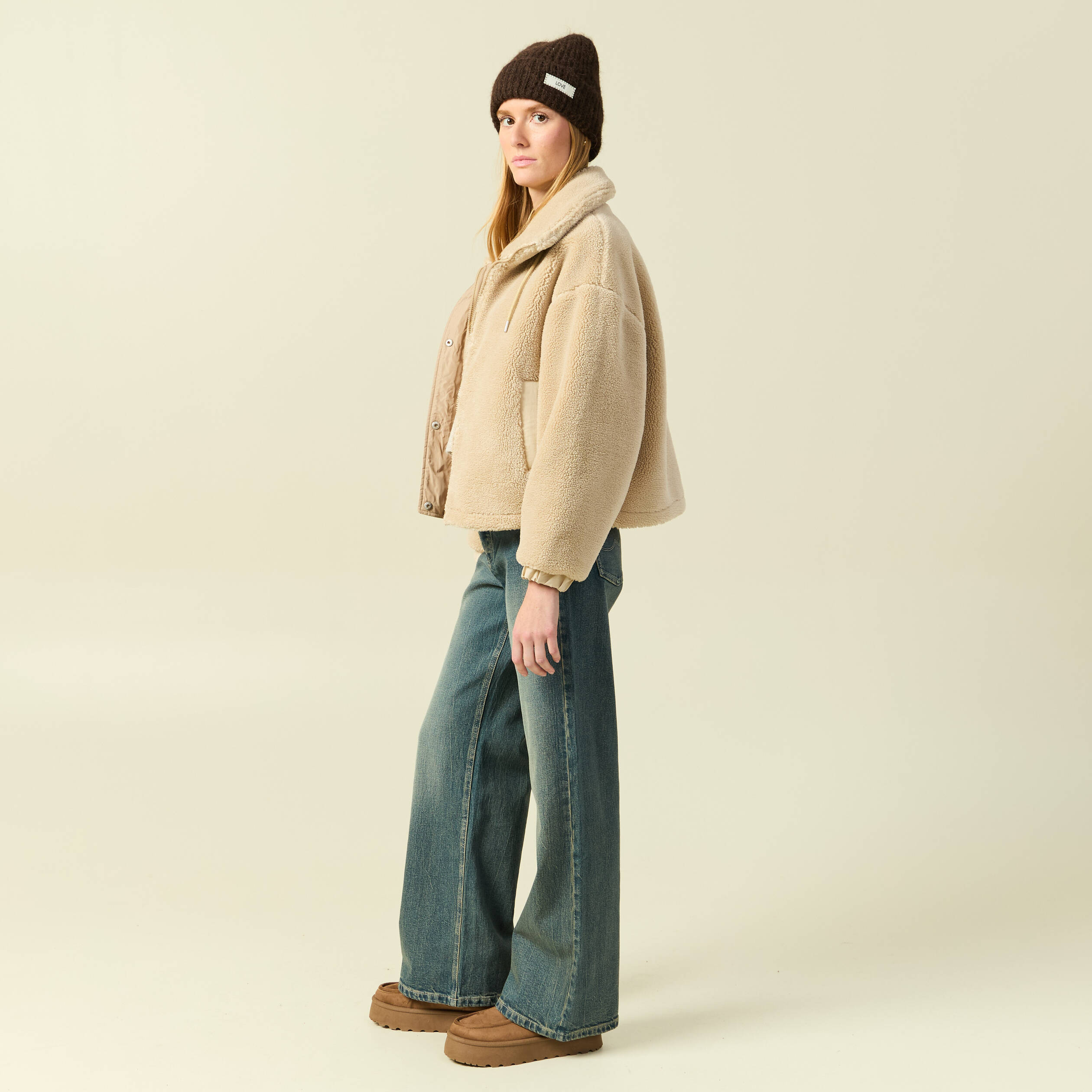 Veste oversize effet polaire col montant creme femme