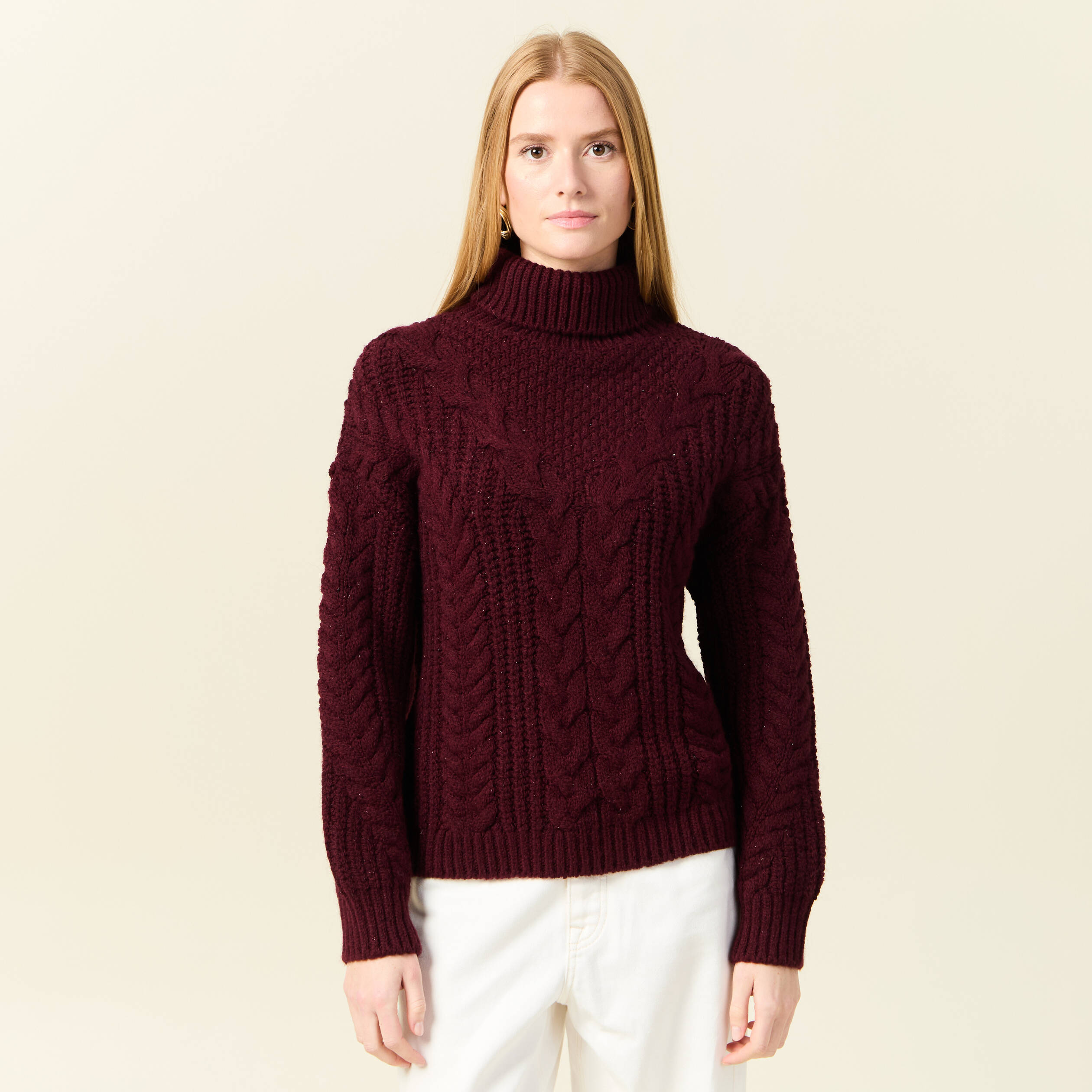 Pull manches longues col roulé rouge foncé femme